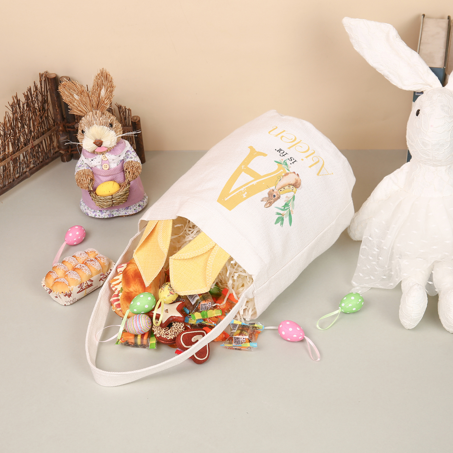 Personalised Easter Bunny Tote Bag – Custom Name Gift Basket (4 Colours Available)-| Jessemade