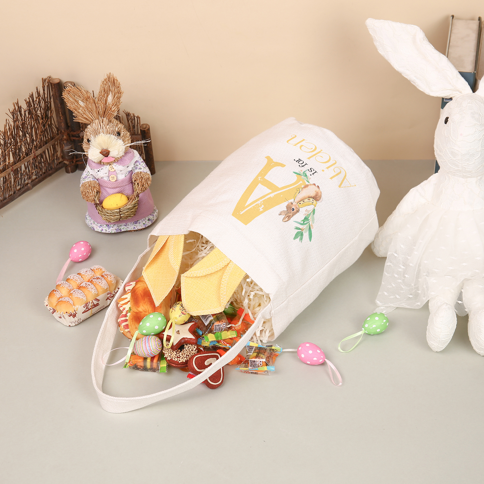 Personalised Easter Bunny Tote Bag – Custom Name Gift Basket (4 Colours Available)-| Jessemade