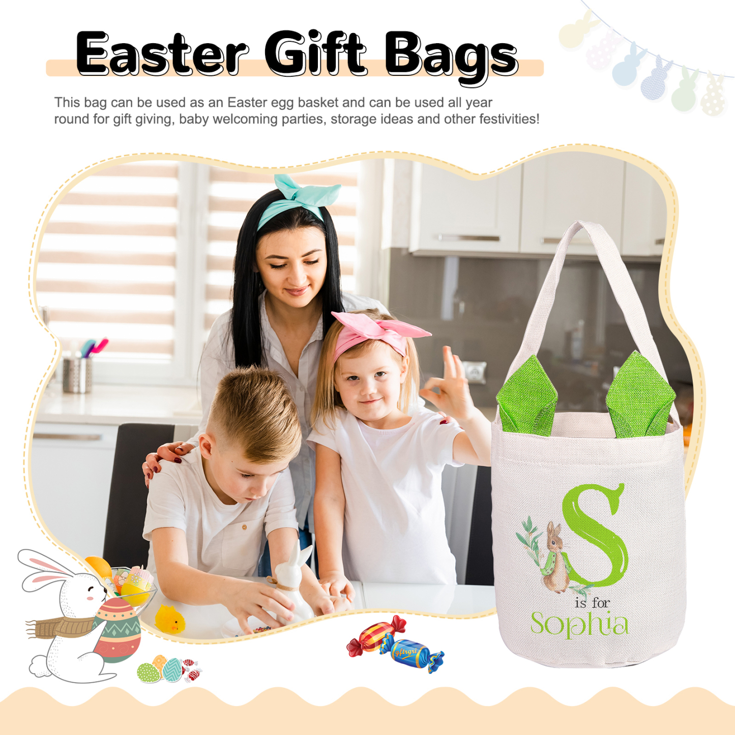 Personalised Easter Bunny Tote Bag – Custom Name Gift Basket (4 Colours Available)-| Jessemade