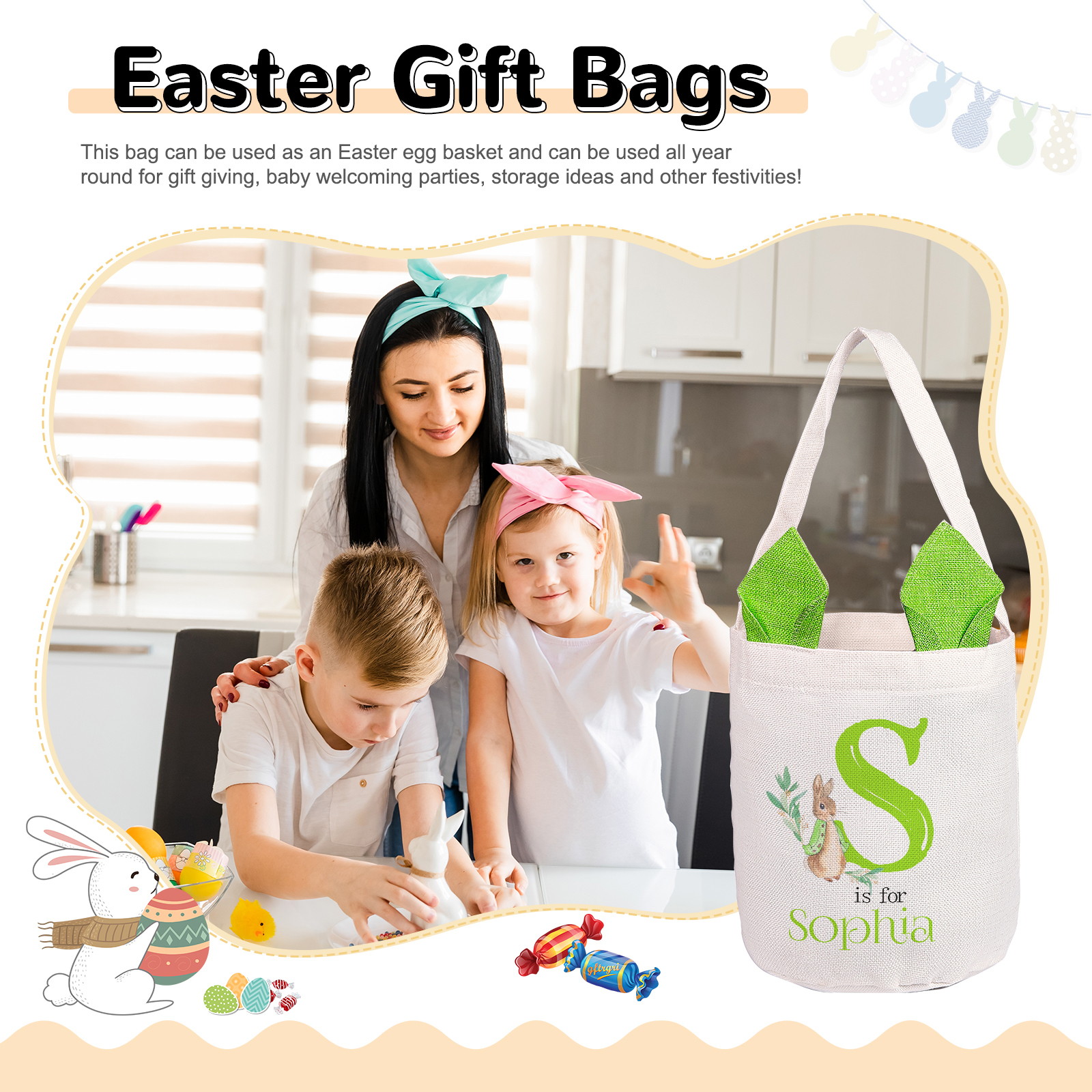 Personalised Easter Bunny Tote Bag – Custom Name Gift Basket (4 Colours Available)-| Jessemade