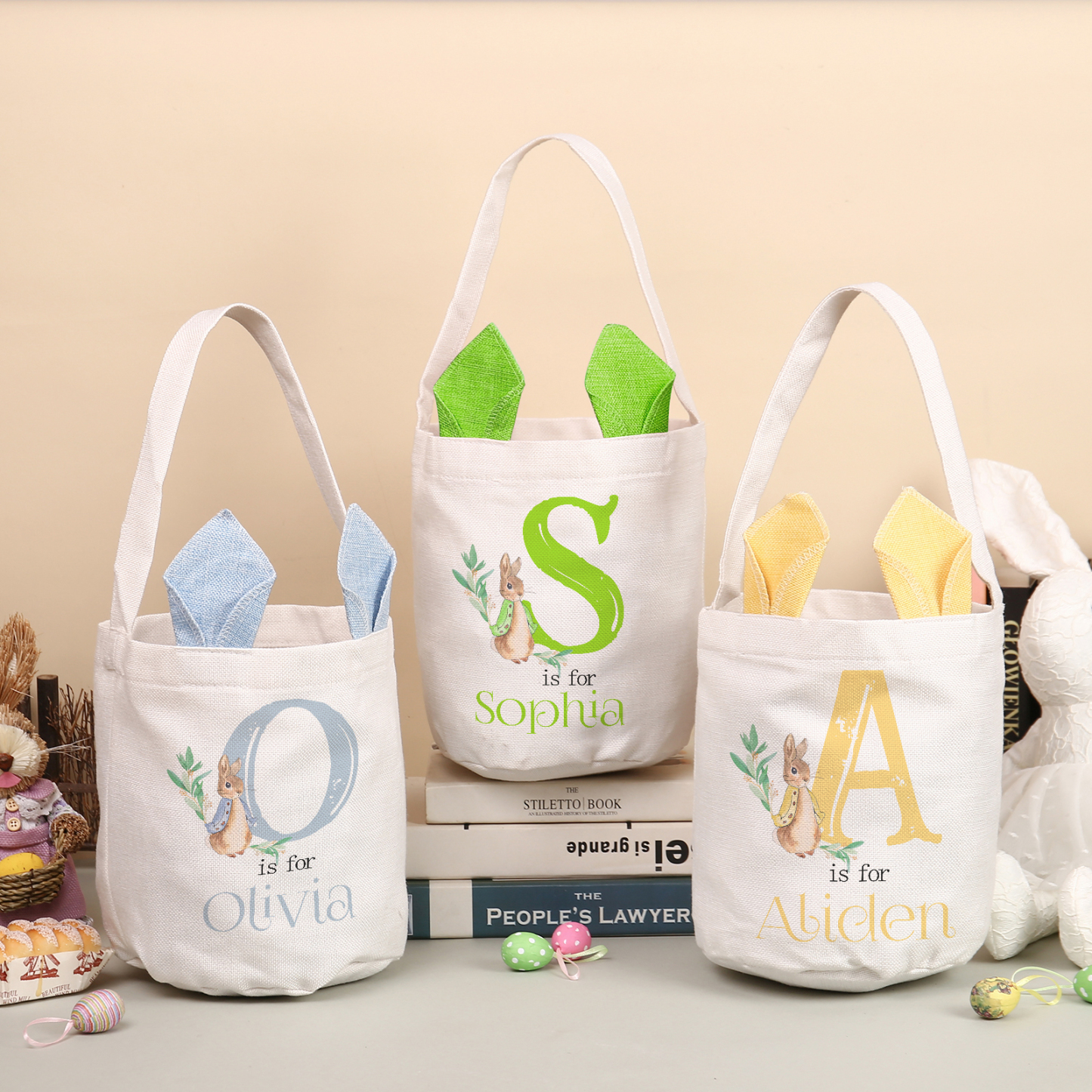 Personalised Easter Bunny Tote Bag – Custom Name Gift Basket (4 Colours Available)-| Jessemade