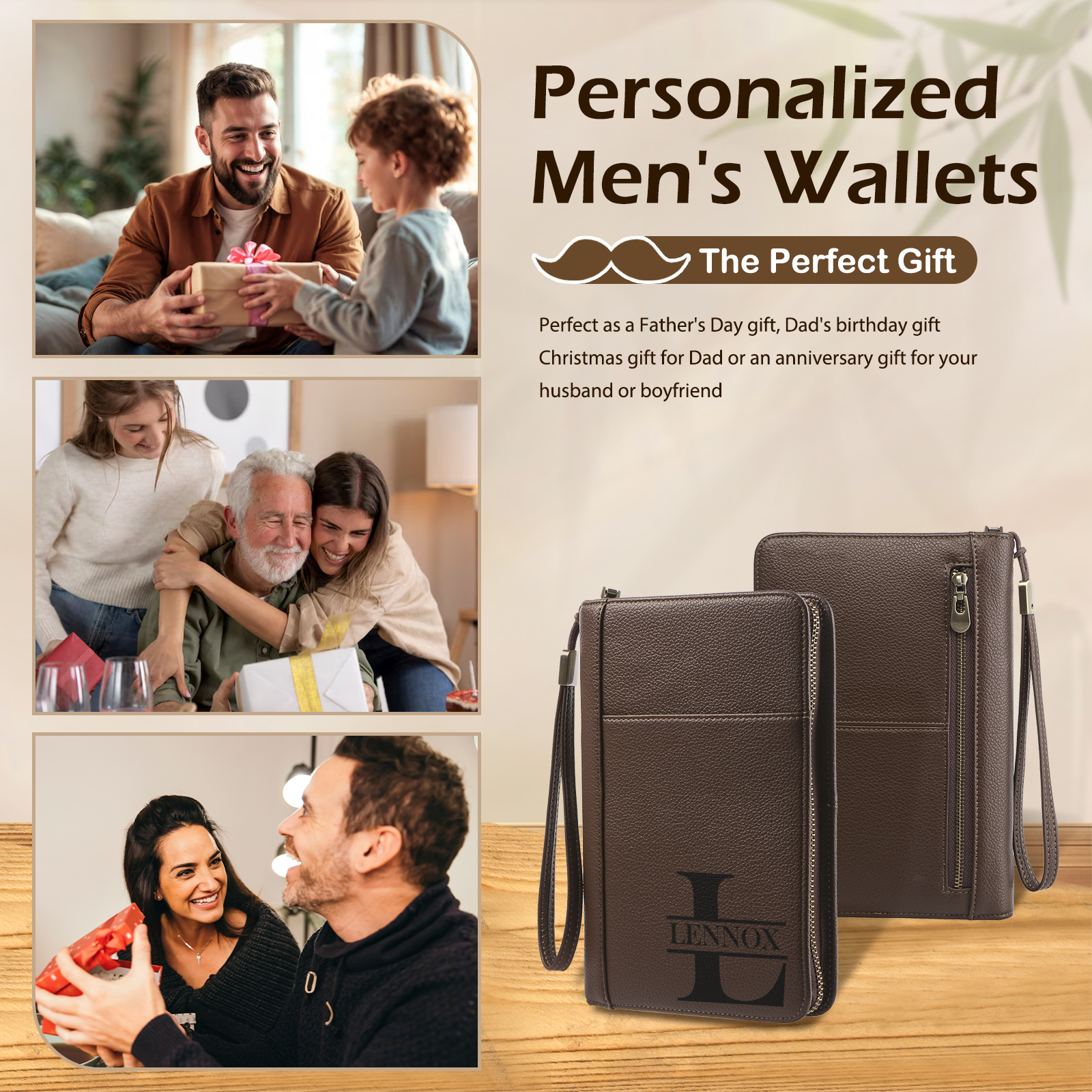 Brown Personalised Leather Wallet Engraved Photo Short Wallet Gifts For Men