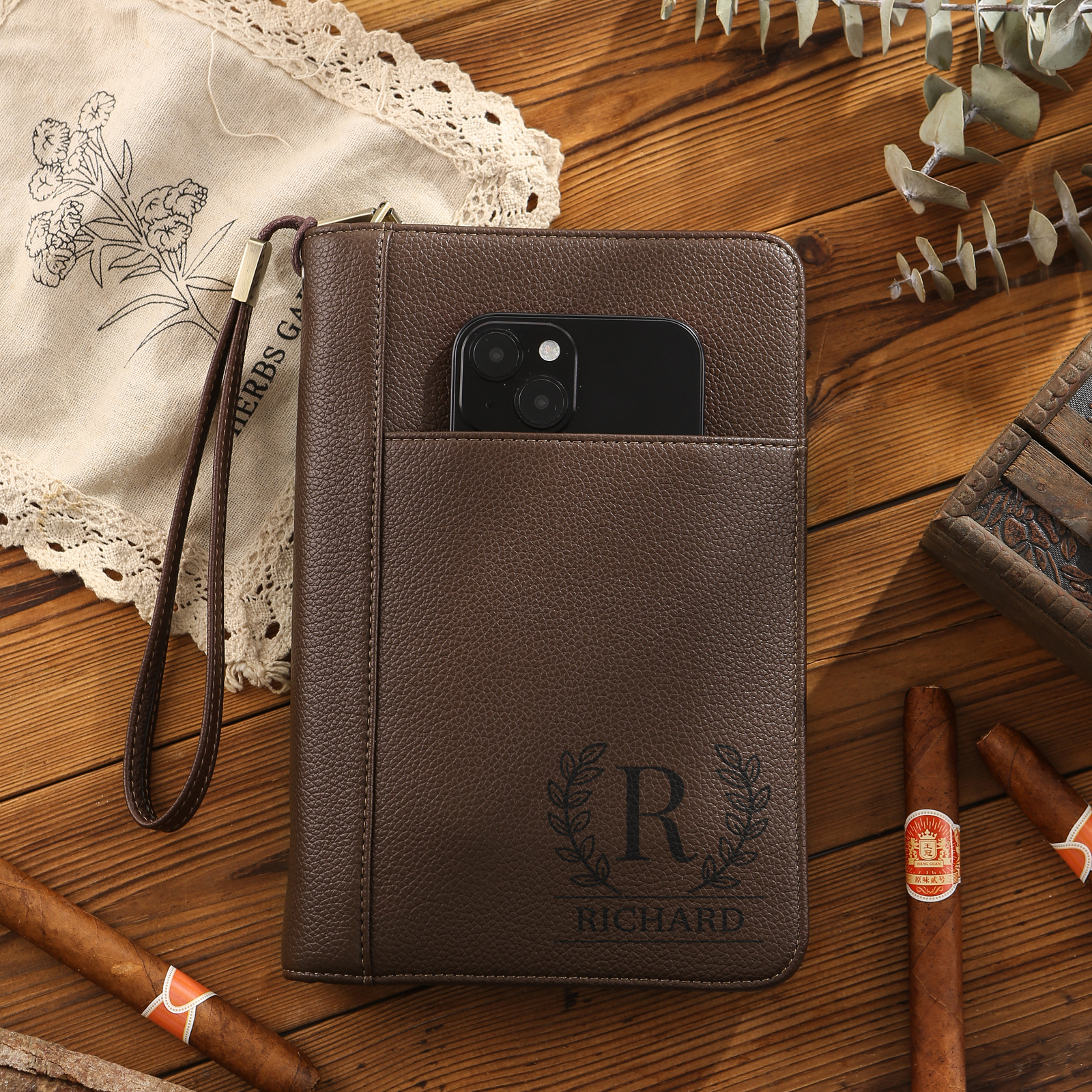 Brown Personalised Leather Wallet Engraved Photo Short Wallet Gifts For Men