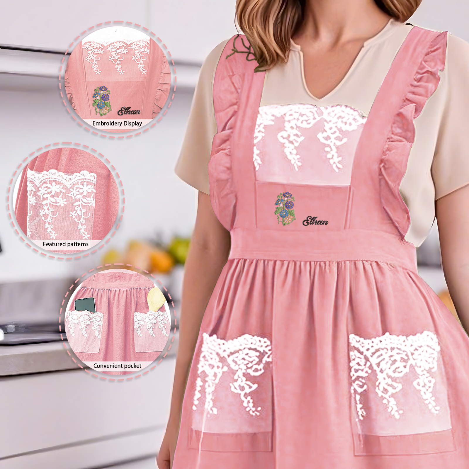 Personalised Embroidered Apron with Name & Custom Flower – Gift for Women | Jessemade