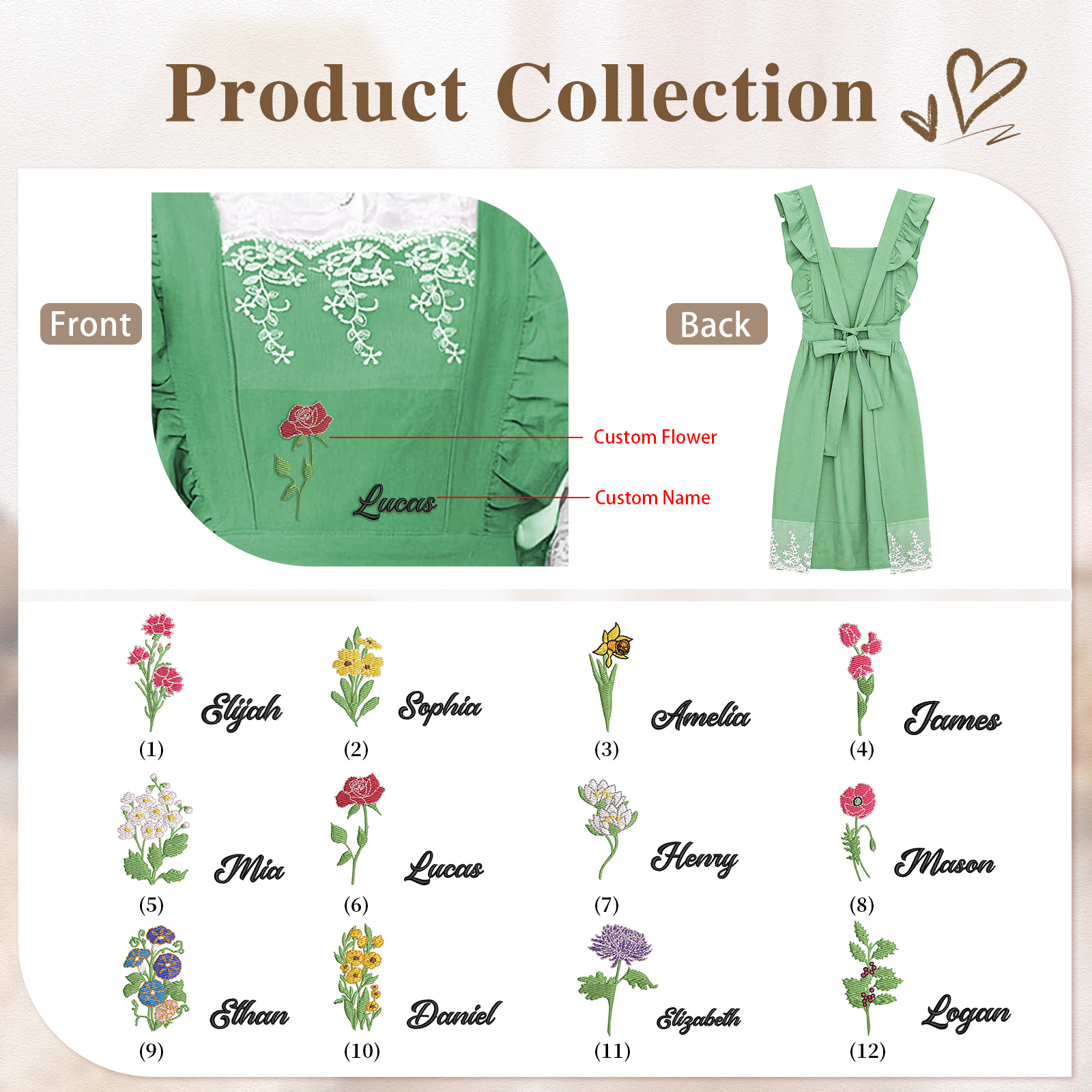 Personalised Embroidered Apron with Name & Custom Flower – Gift for Women | Jessemade