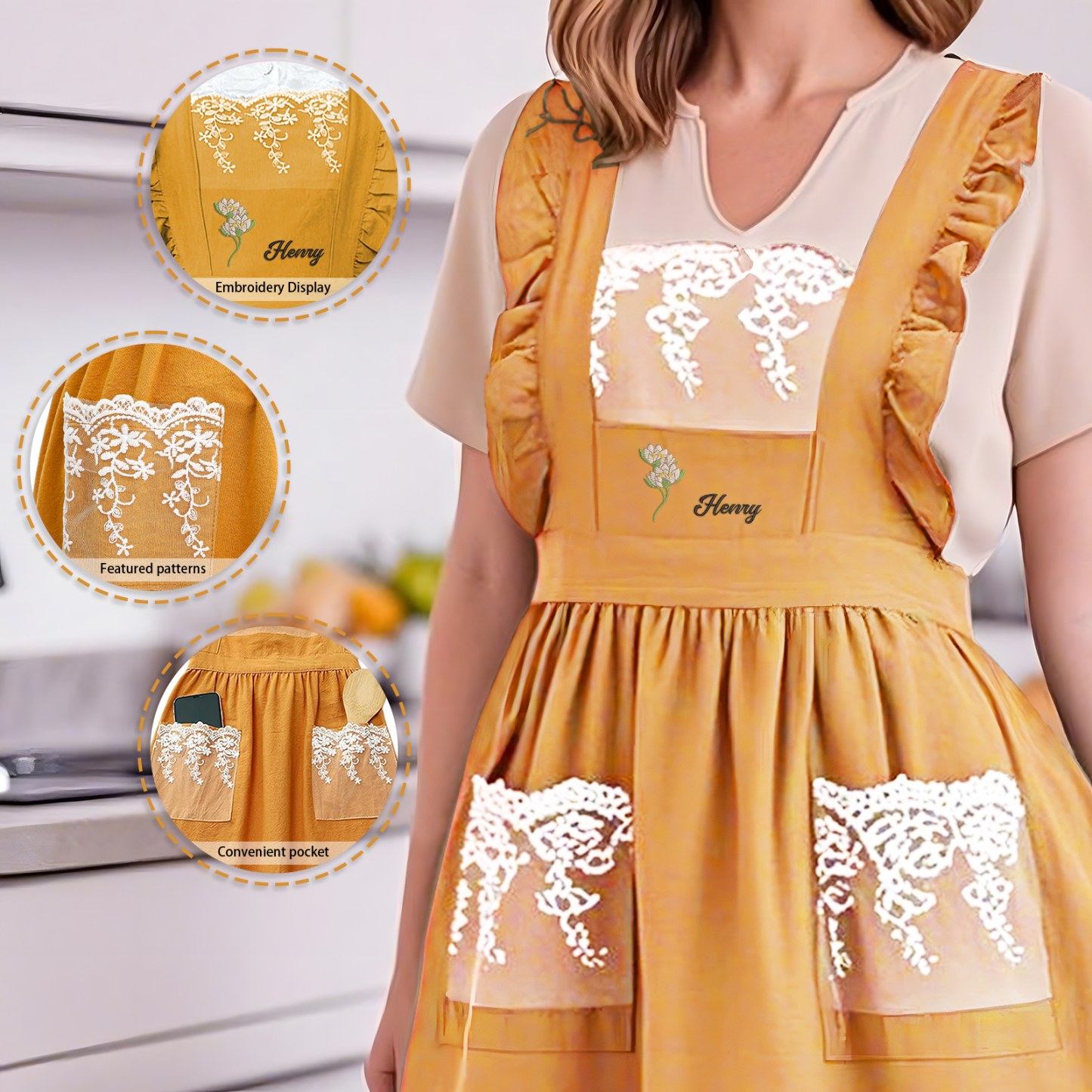Personalised Embroidered Apron with Name & Custom Flower – Gift for Women | Jessemade