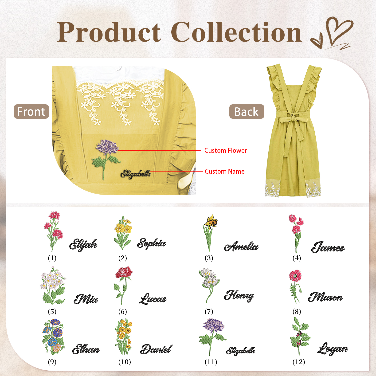 Personalised Embroidered Apron with Name & Custom Flower – Gift for Women | Jessemade