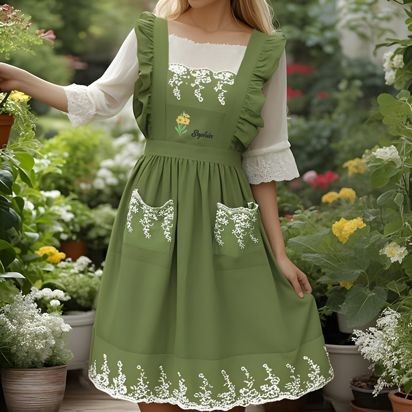 Personalised Embroidered Apron with Name & Custom Flower – Gift for Women | Jessemade