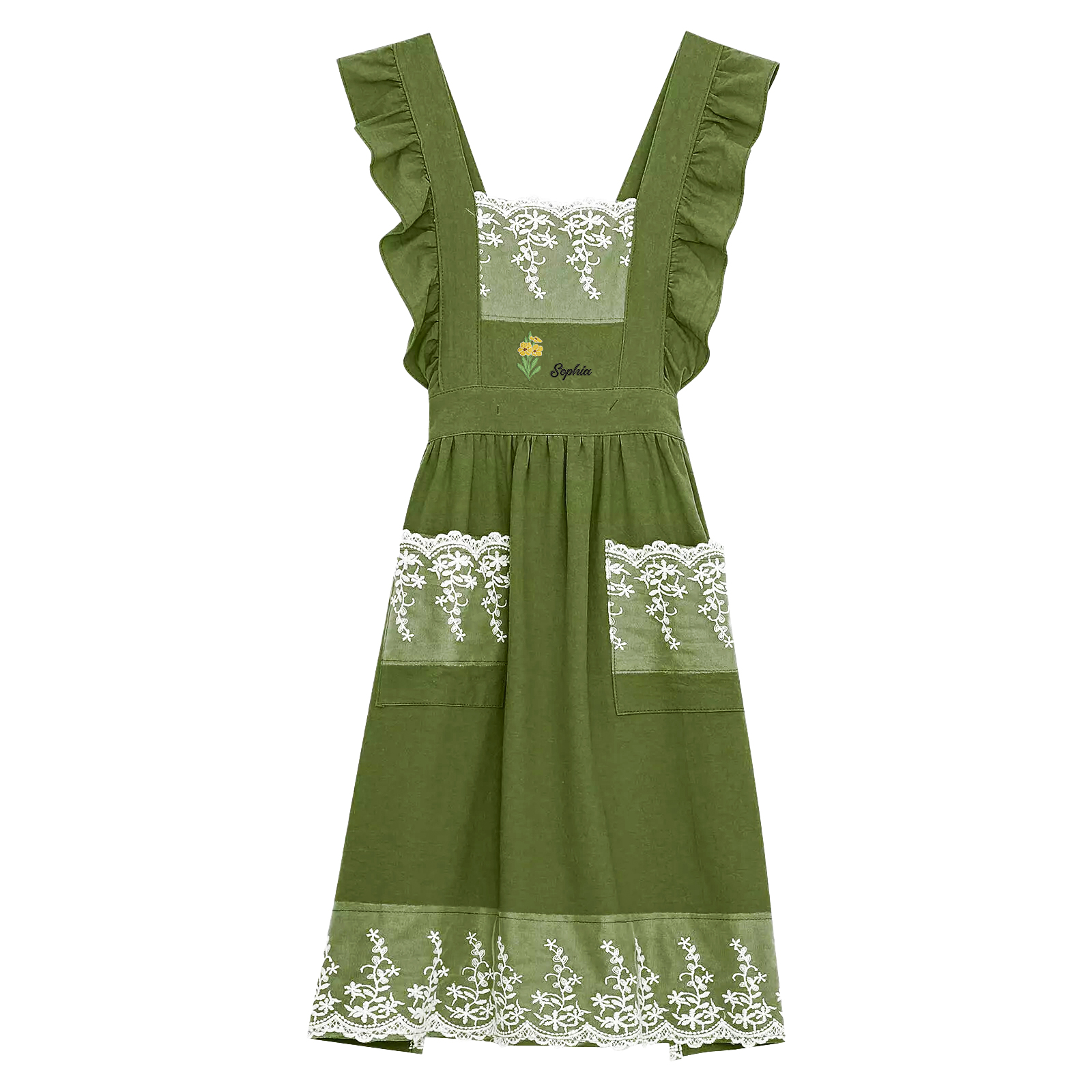Personalised Embroidered Apron with Name & Custom Flower – Gift for Wo