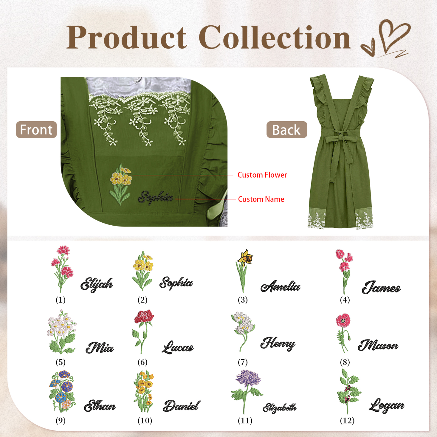 Personalised Embroidered Apron with Name & Custom Flower – Gift for Women | Jessemade