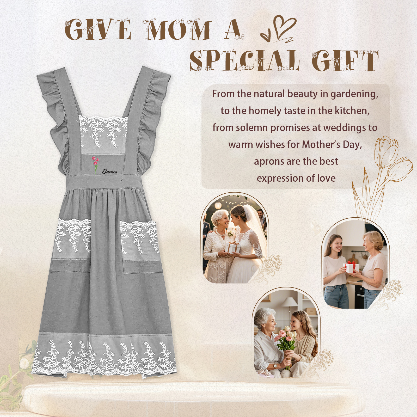 Personalised Embroidered Apron with Name & Custom Flower – Gift for Women | Jessemade