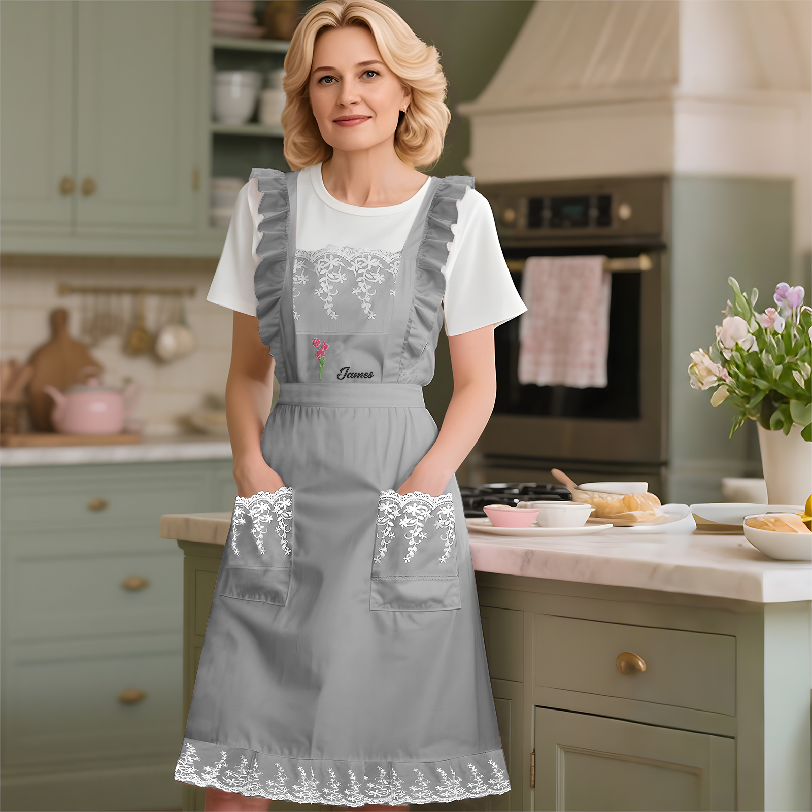 Personalised Embroidered Apron with Name & Custom Flower – Gift for Women | Jessemade