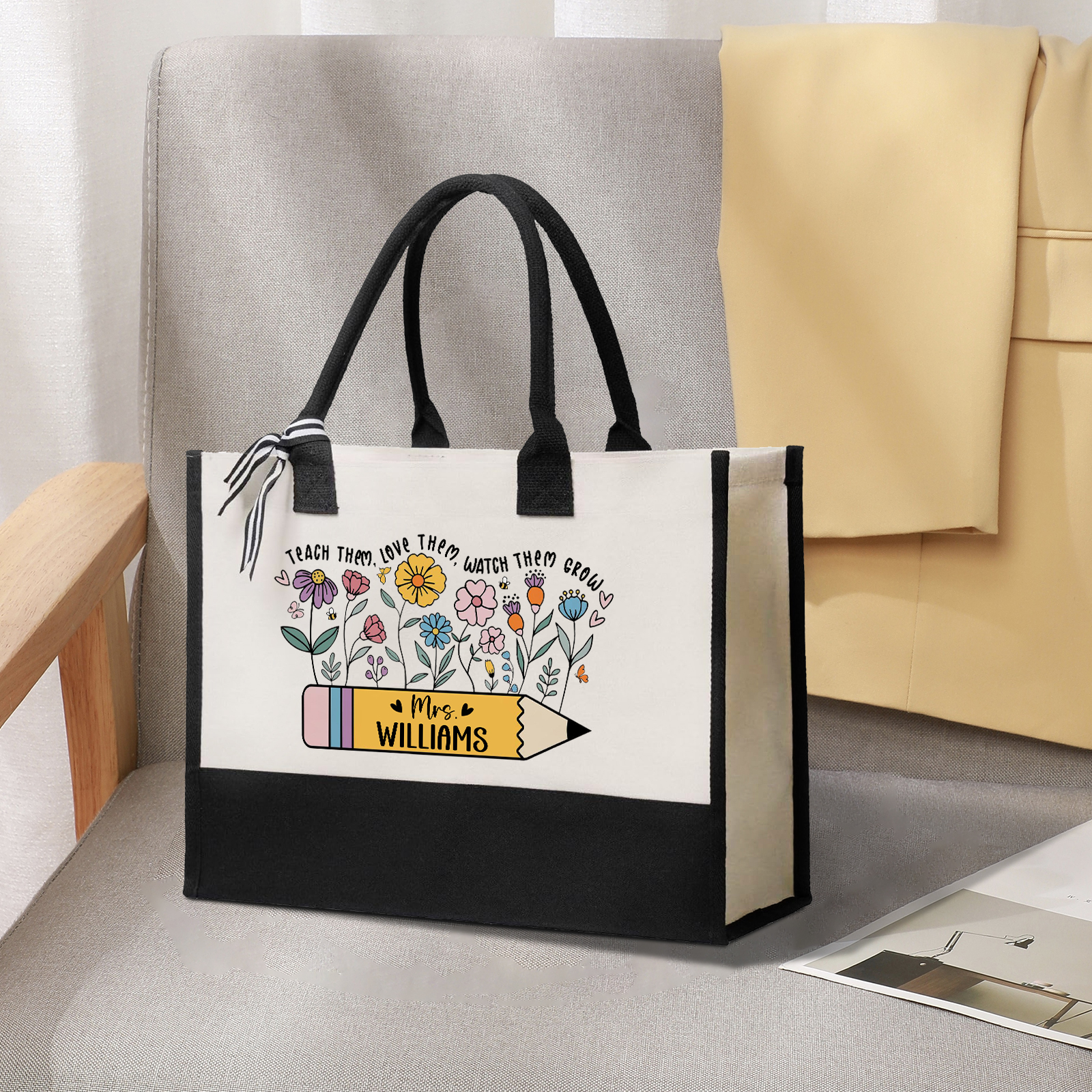 Personalised Teacher Canvas Tote Bag – Custom Name Gift for Teachers' Day | Jessemade