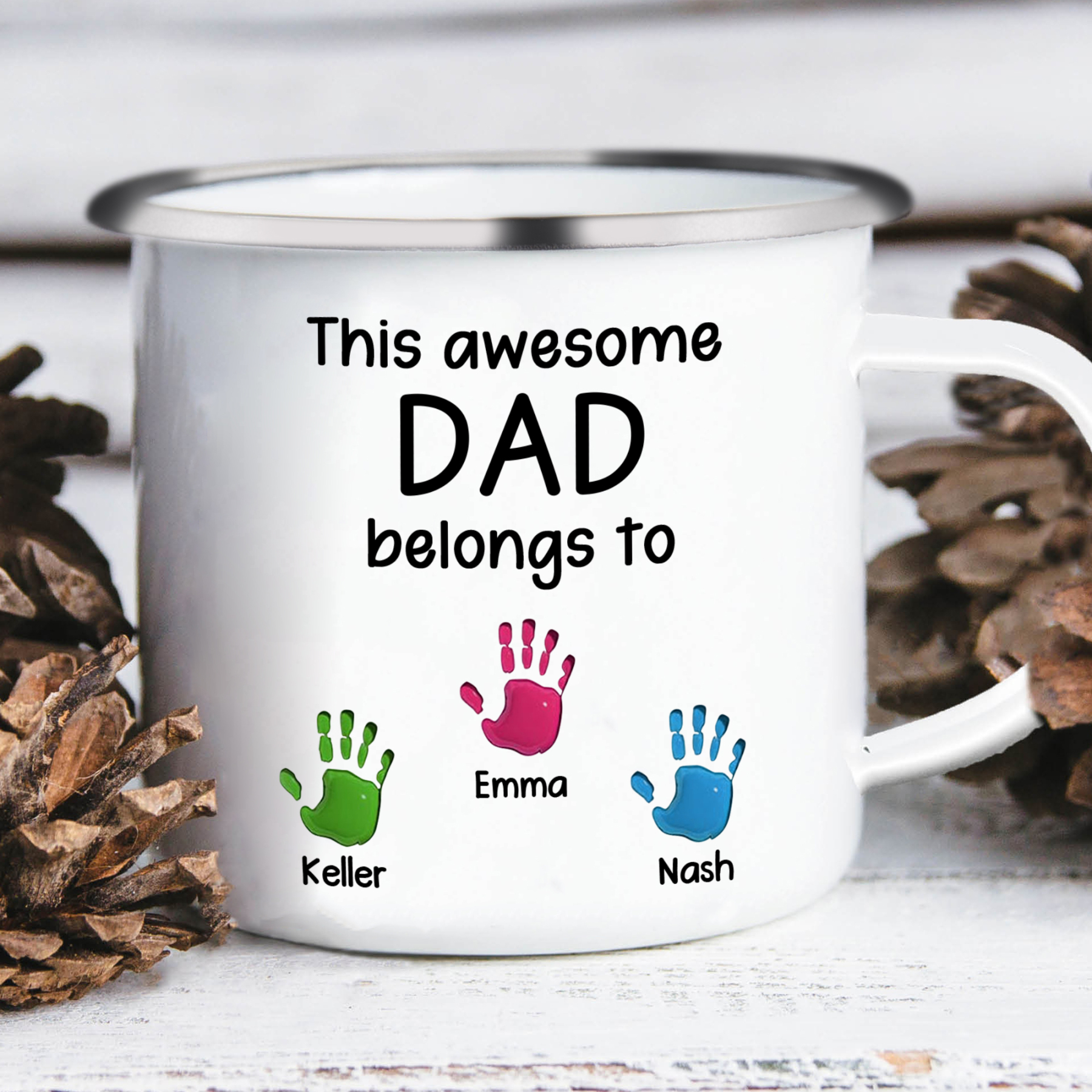 3 Names Personalised Enamel Mug – Custom Father's Day Gift | Jessemade