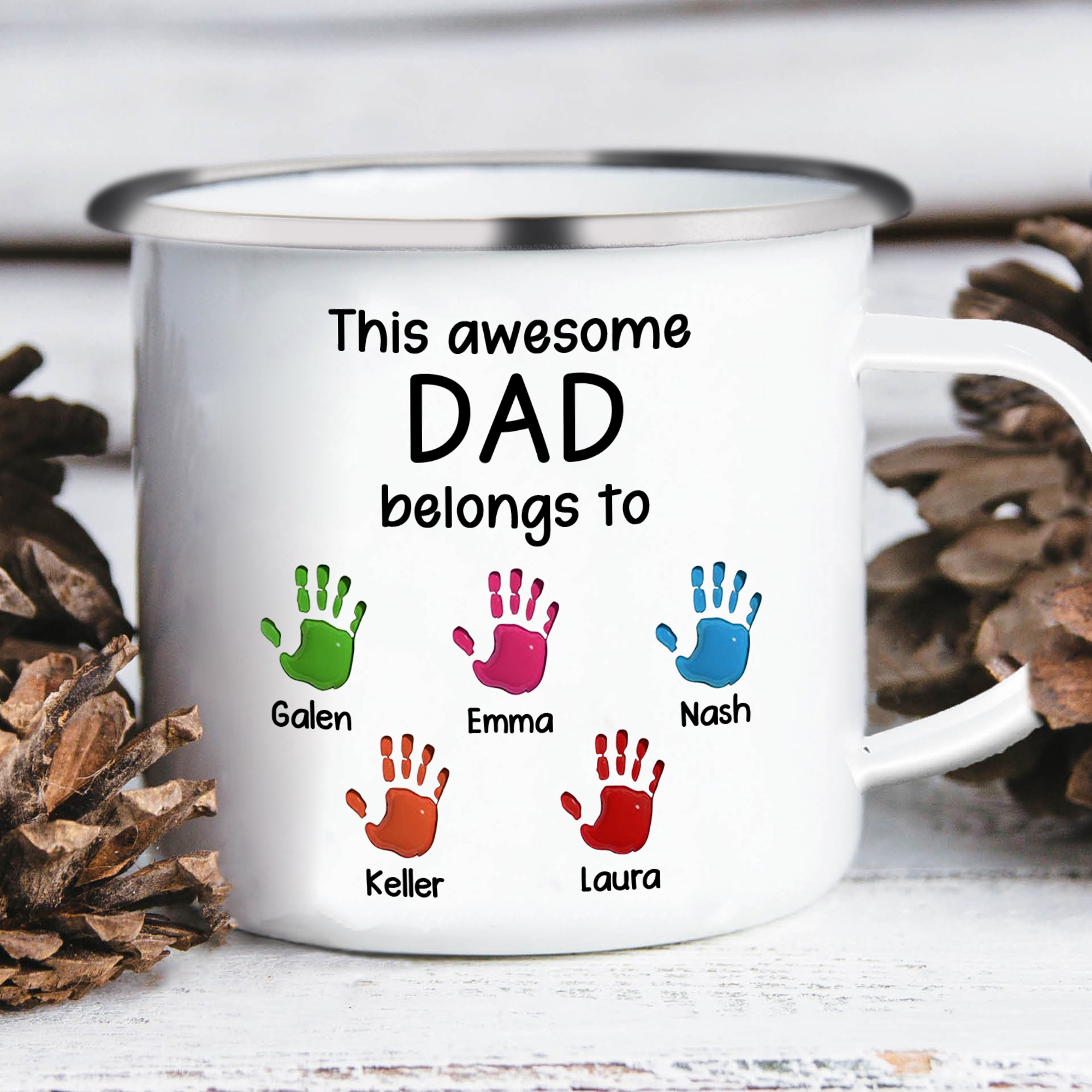 5 Names Personalised Enamel Mug – Custom Father's Day Gift | Jessemade