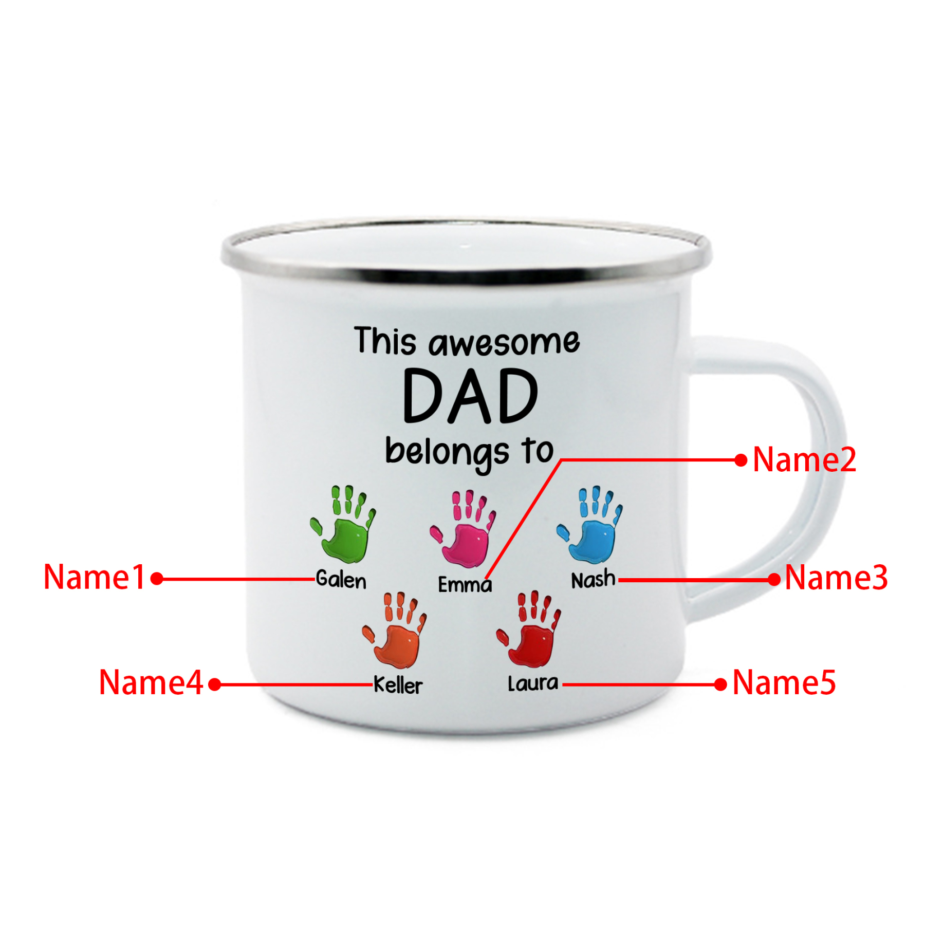 5 Names Personalised Enamel Mug – Custom Father's Day Gift | Jessemade