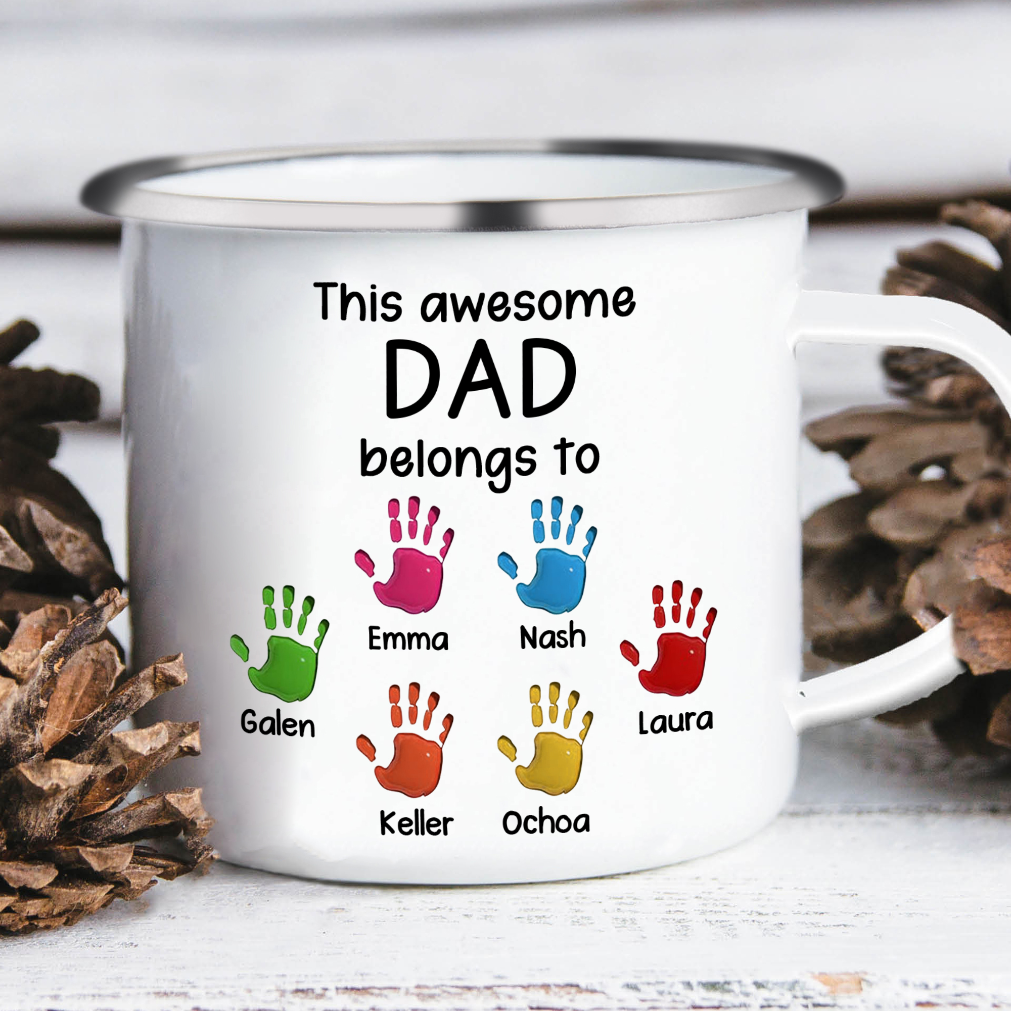 6 Names Personalised Enamel Mug – Custom Father's Day Gift | Jessemade