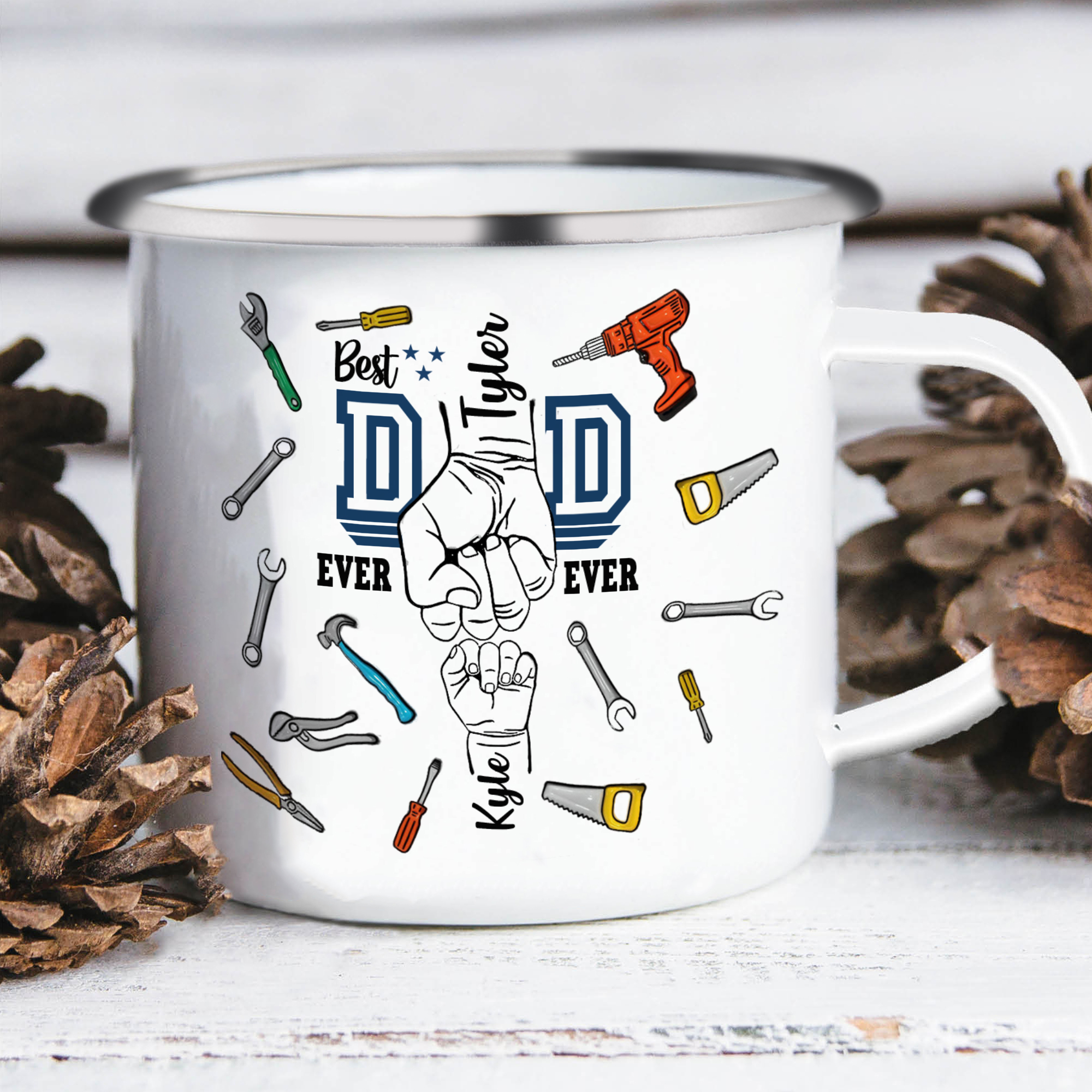 2 Names Personalised Fist Dad Enamel Mug – Custom Father's Day Gift | Jessemade