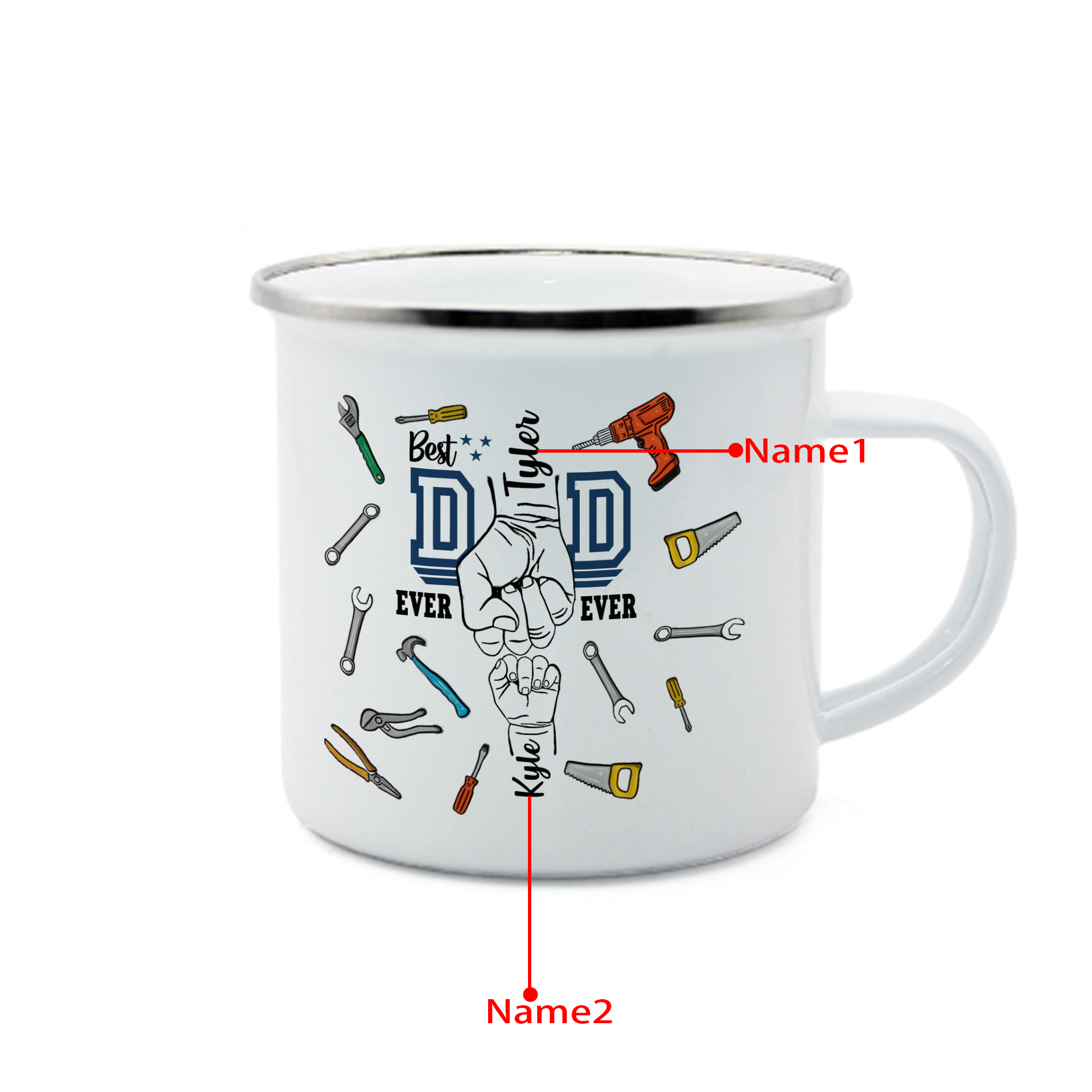 2 Names Personalised Fist Dad Enamel Mug – Custom Father's Day Gift | Jessemade