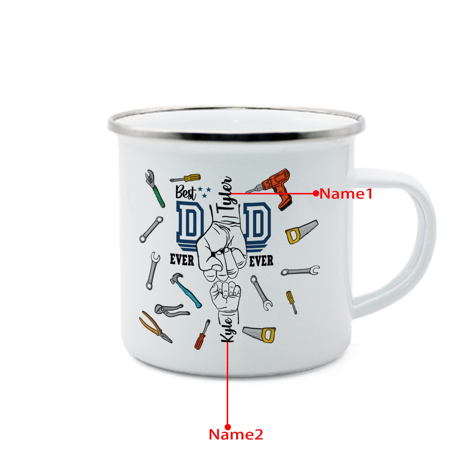 2 Names Personalised Fist Dad Enamel Mug – Custom Father's Day Gift | Jessemade