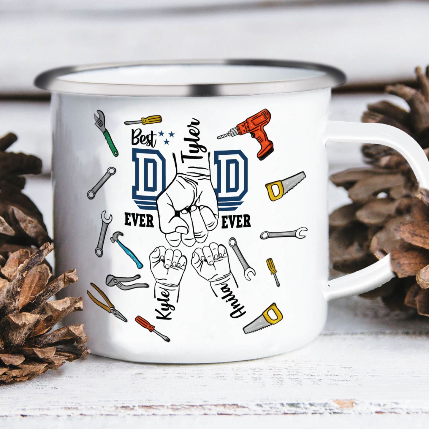 3 Names Personalised Fist Dad Enamel Mug – Custom Father's Day Gift |