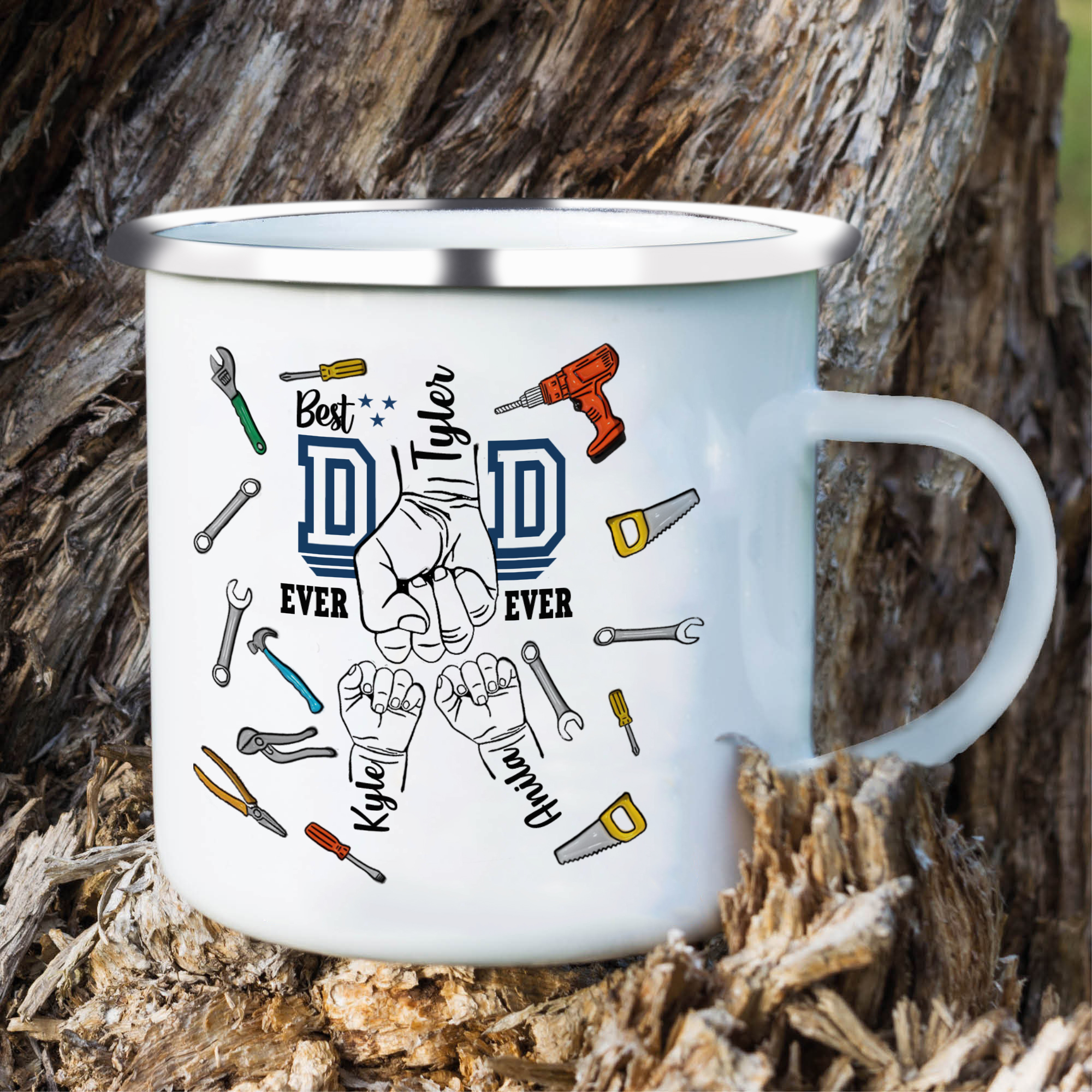 3 Names Personalised Fist Dad Enamel Mug – Custom Father's Day Gift | Jessemade