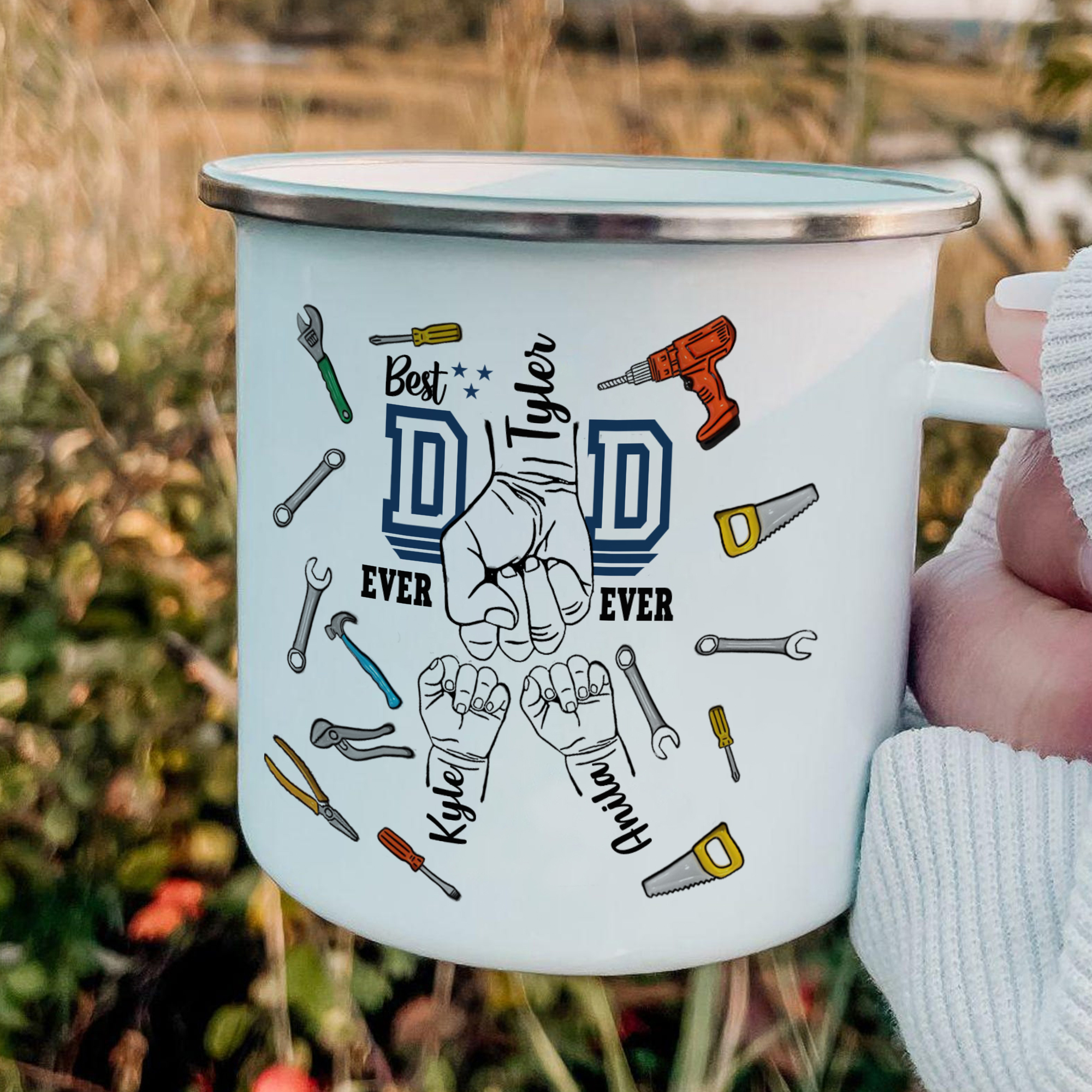 3 Names Personalised Fist Dad Enamel Mug – Custom Father's Day Gift | Jessemade