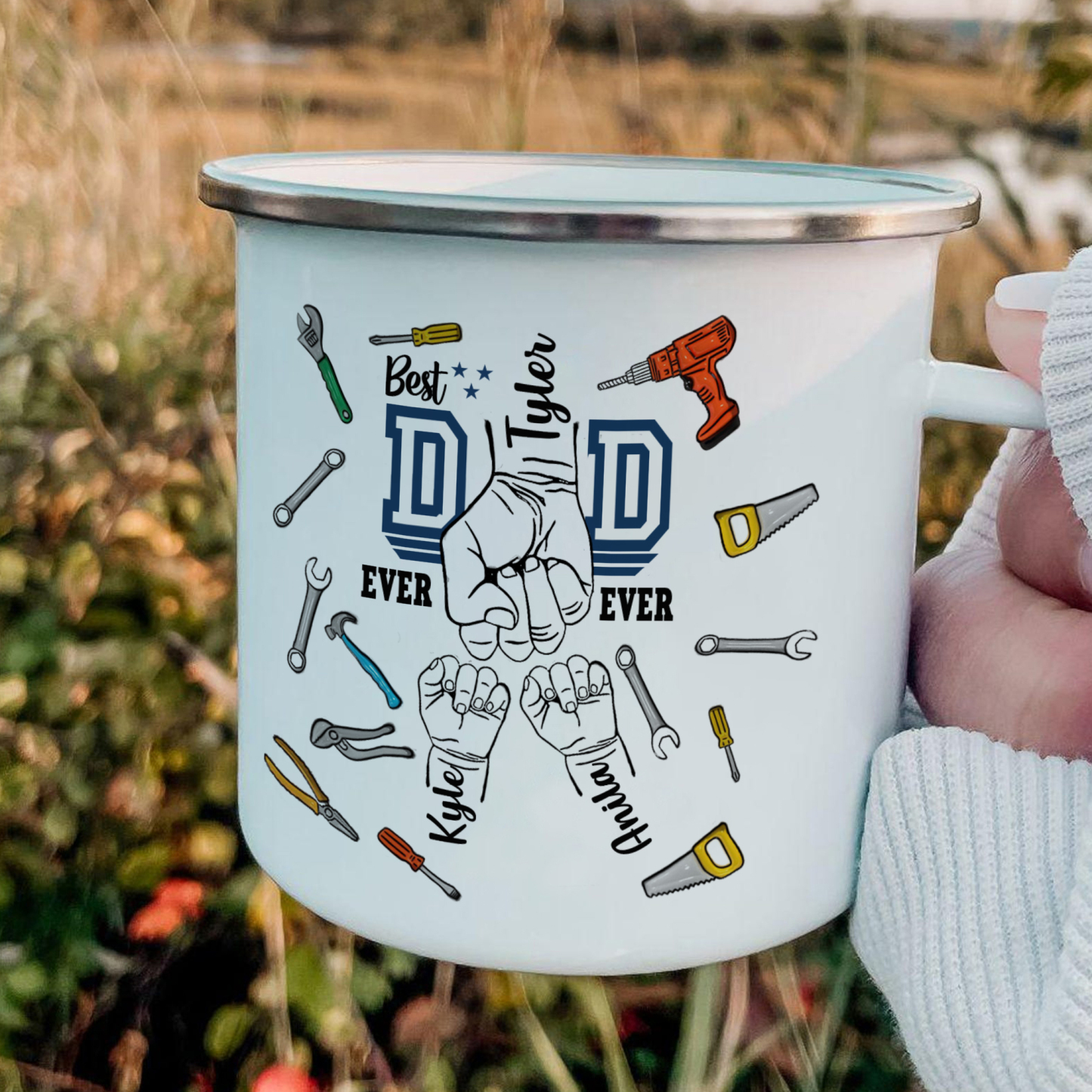 3 Names Personalised Fist Dad Enamel Mug – Custom Father's Day Gift | Jessemade