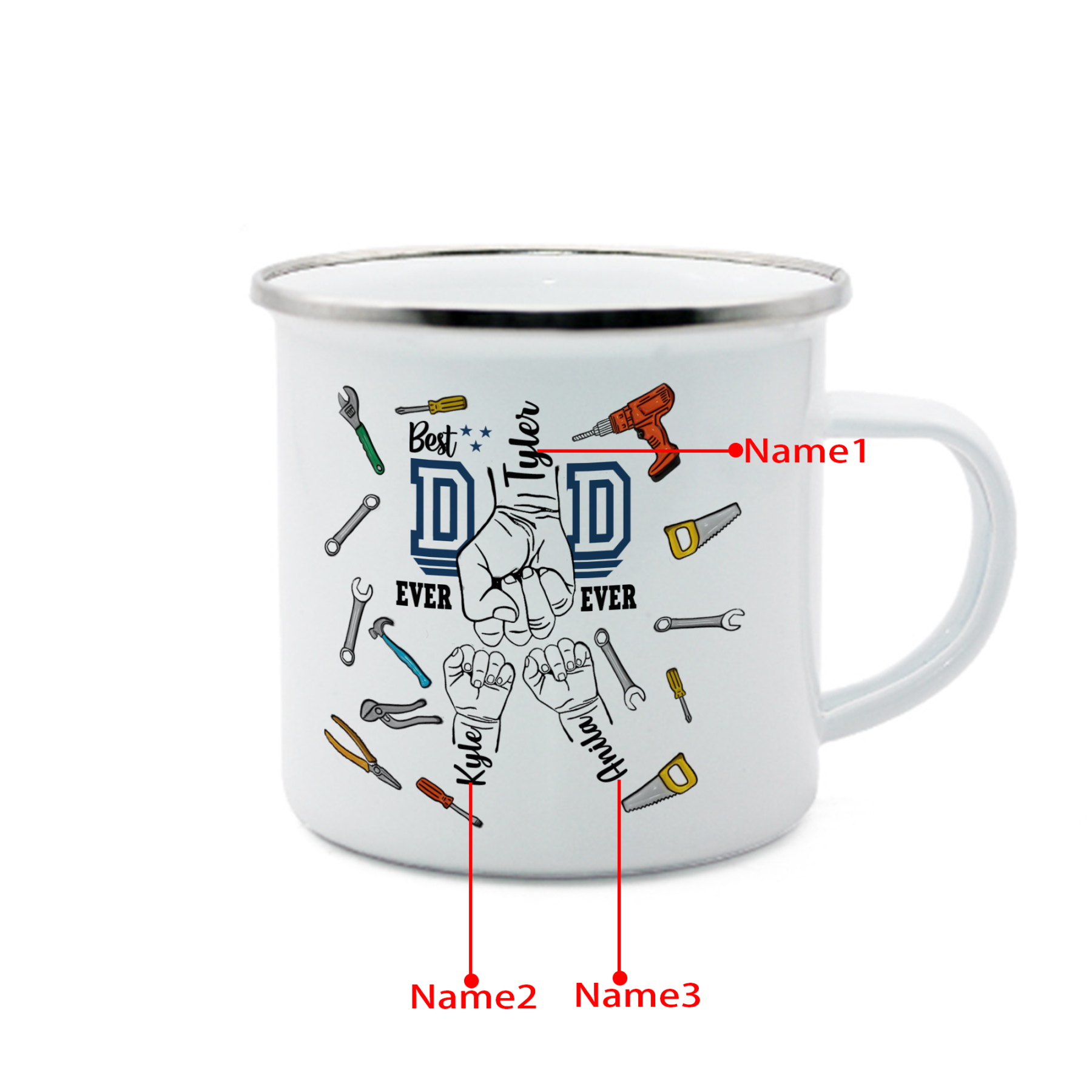 3 Names Personalised Fist Dad Enamel Mug – Custom Father's Day Gift | Jessemade