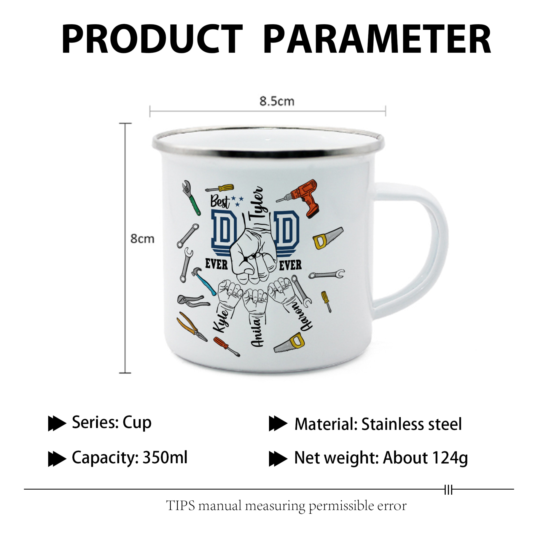 4 Names Personalised Fist Dad Enamel Mug – Custom Father's Day Gift | Jessemade