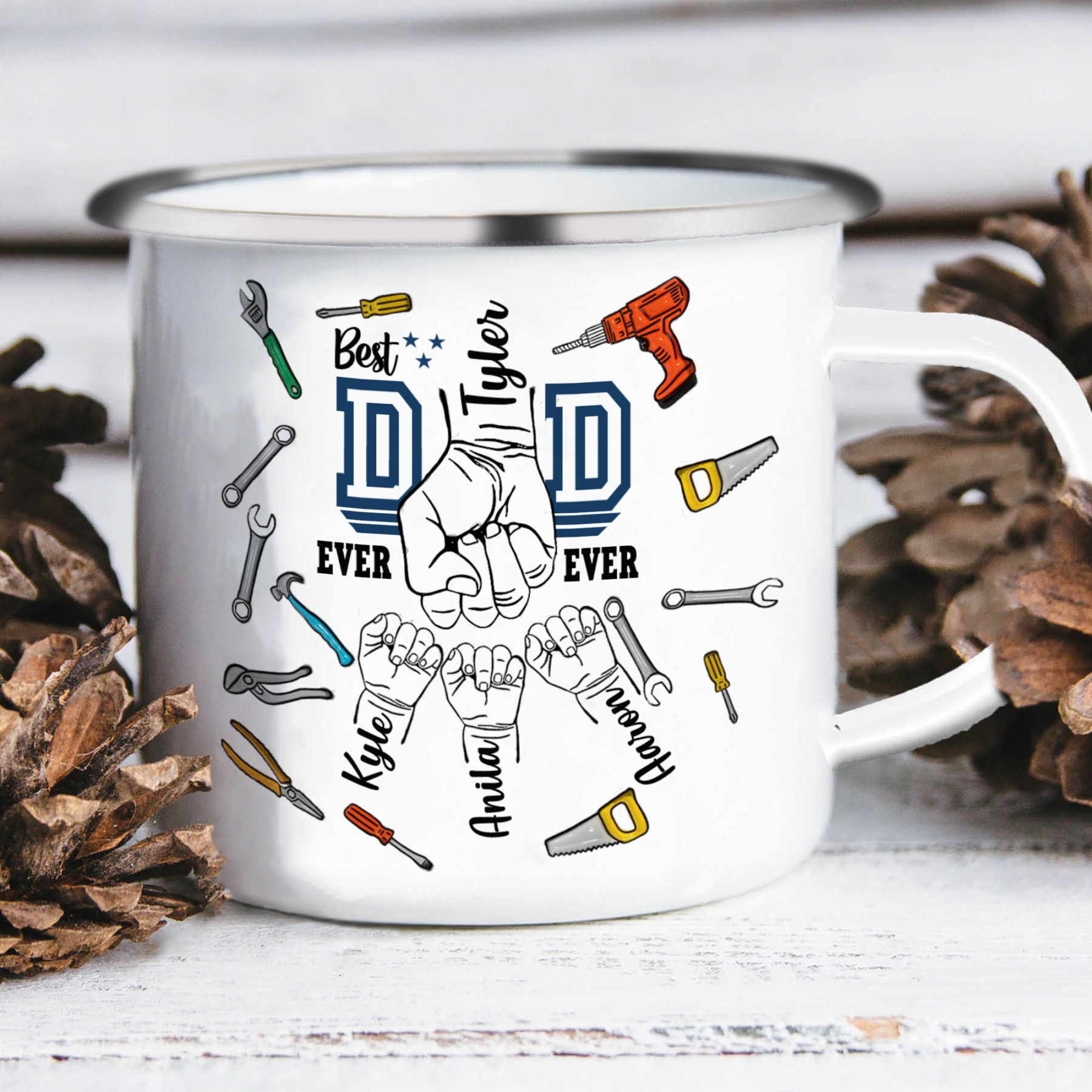 4 Names Personalised Fist Dad Enamel Mug – Custom Father's Day Gift |