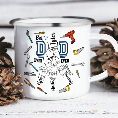 4 Names Personalised Fist Dad Enamel Mug – Custom Father's Day Gift |