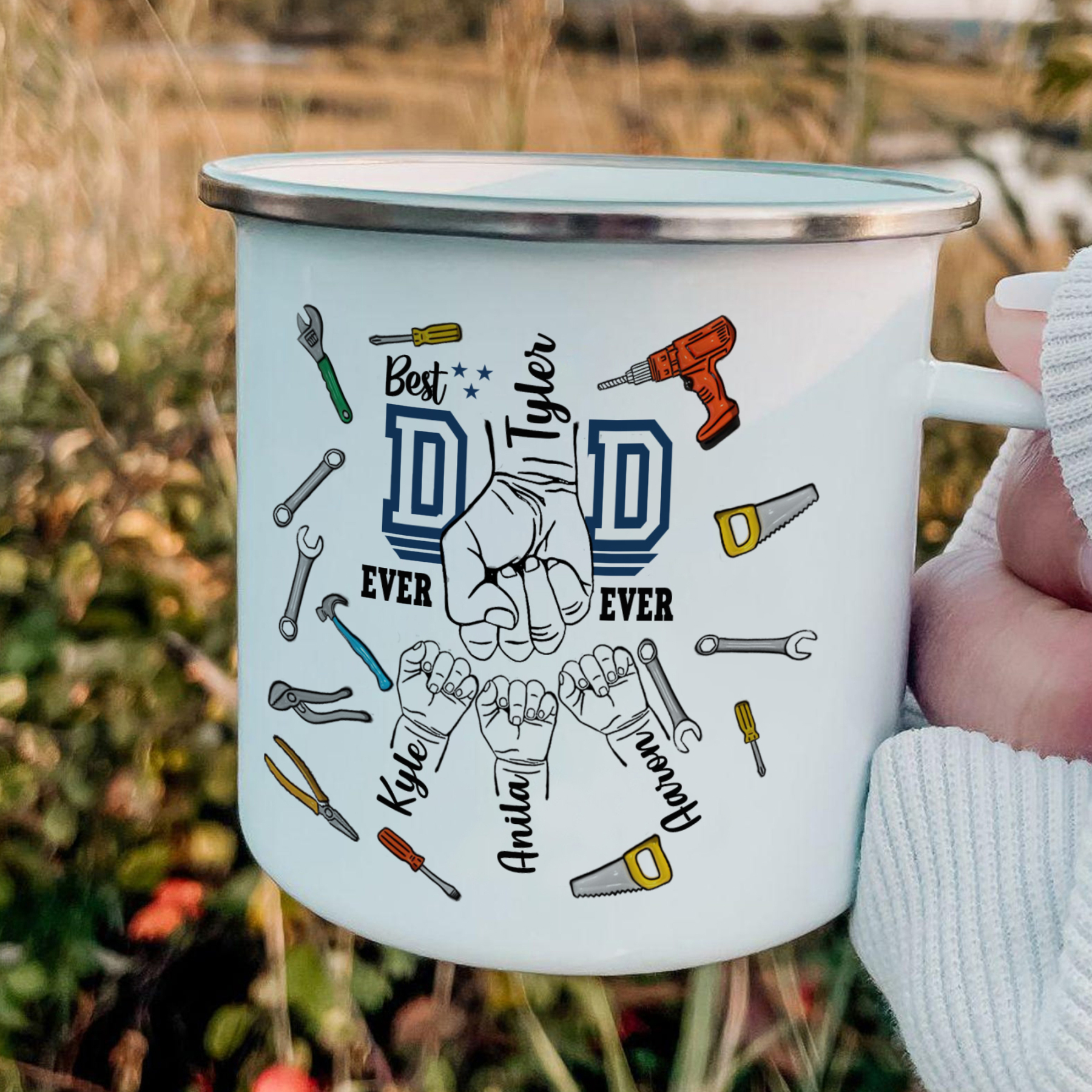 4 Names Personalised Fist Dad Enamel Mug – Custom Father's Day Gift | Jessemade