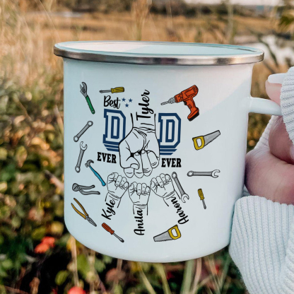 4 Names Personalised Fist Dad Enamel Mug – Custom Father's Day Gift | Jessemade