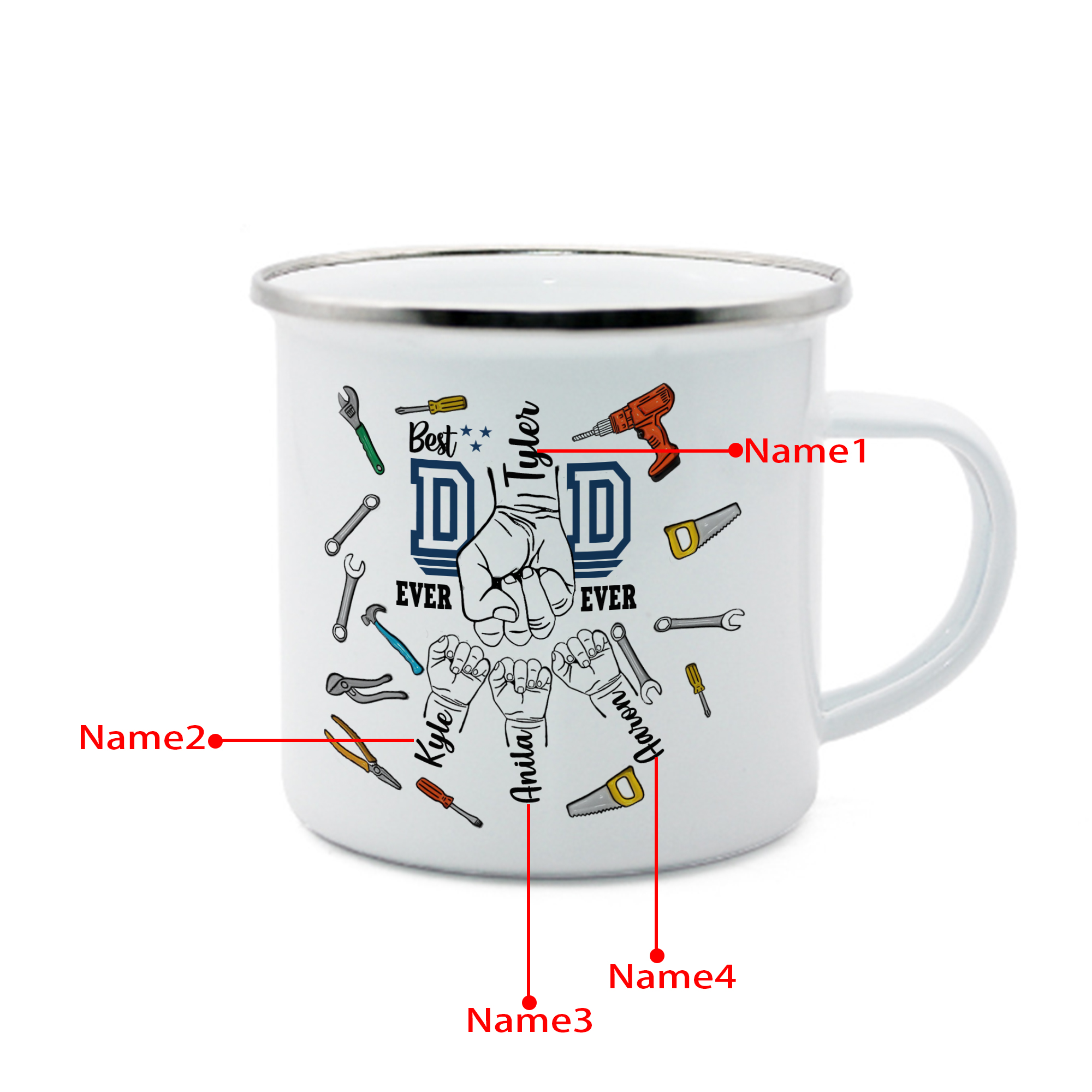 4 Names Personalised Fist Dad Enamel Mug – Custom Father's Day Gift | Jessemade