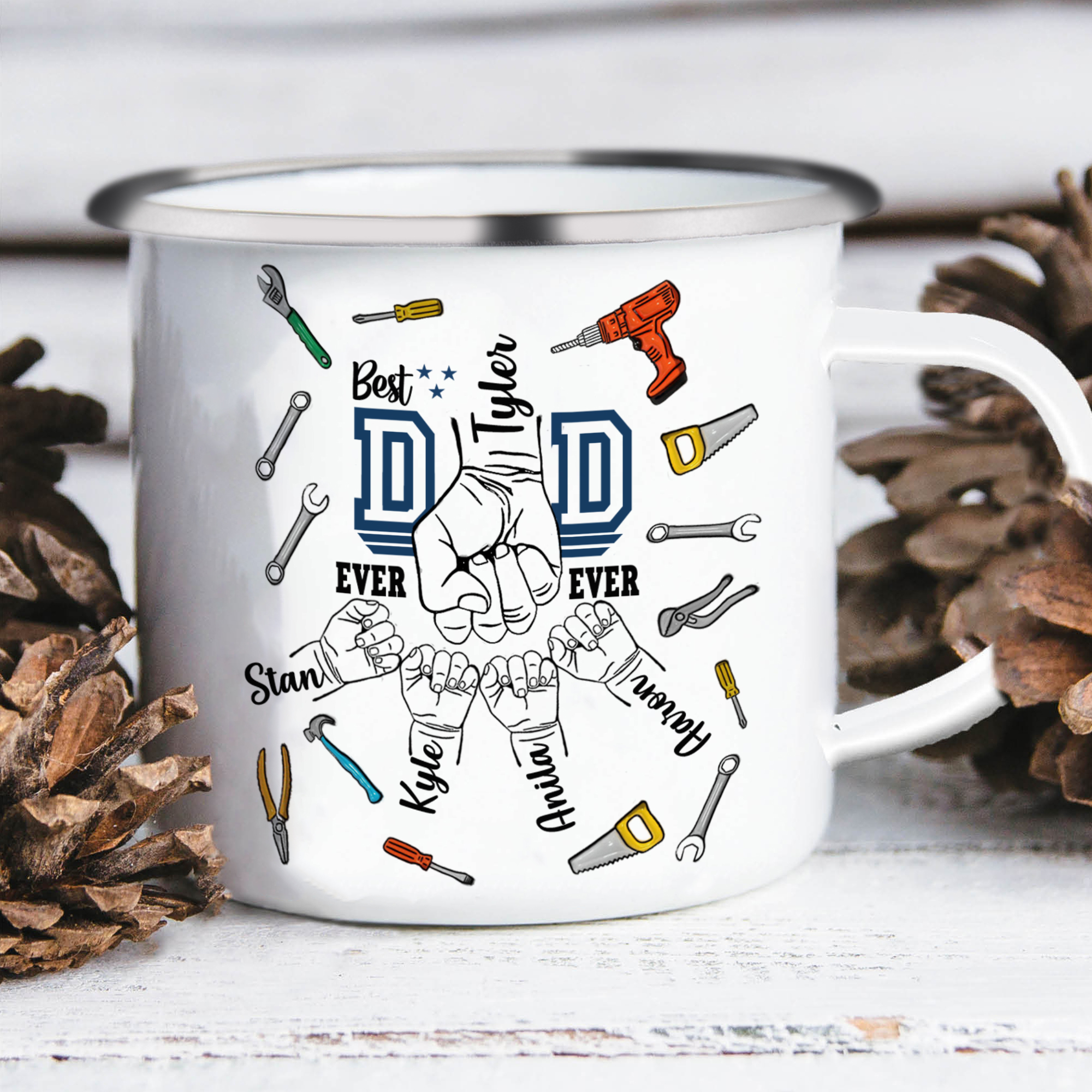 5 Names Personalised Fist Dad Enamel Mug – Custom Father's Day Gift |