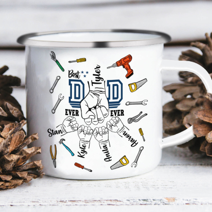 5 Names Personalised Fist Dad Enamel Mug – Custom Father's Day Gift |