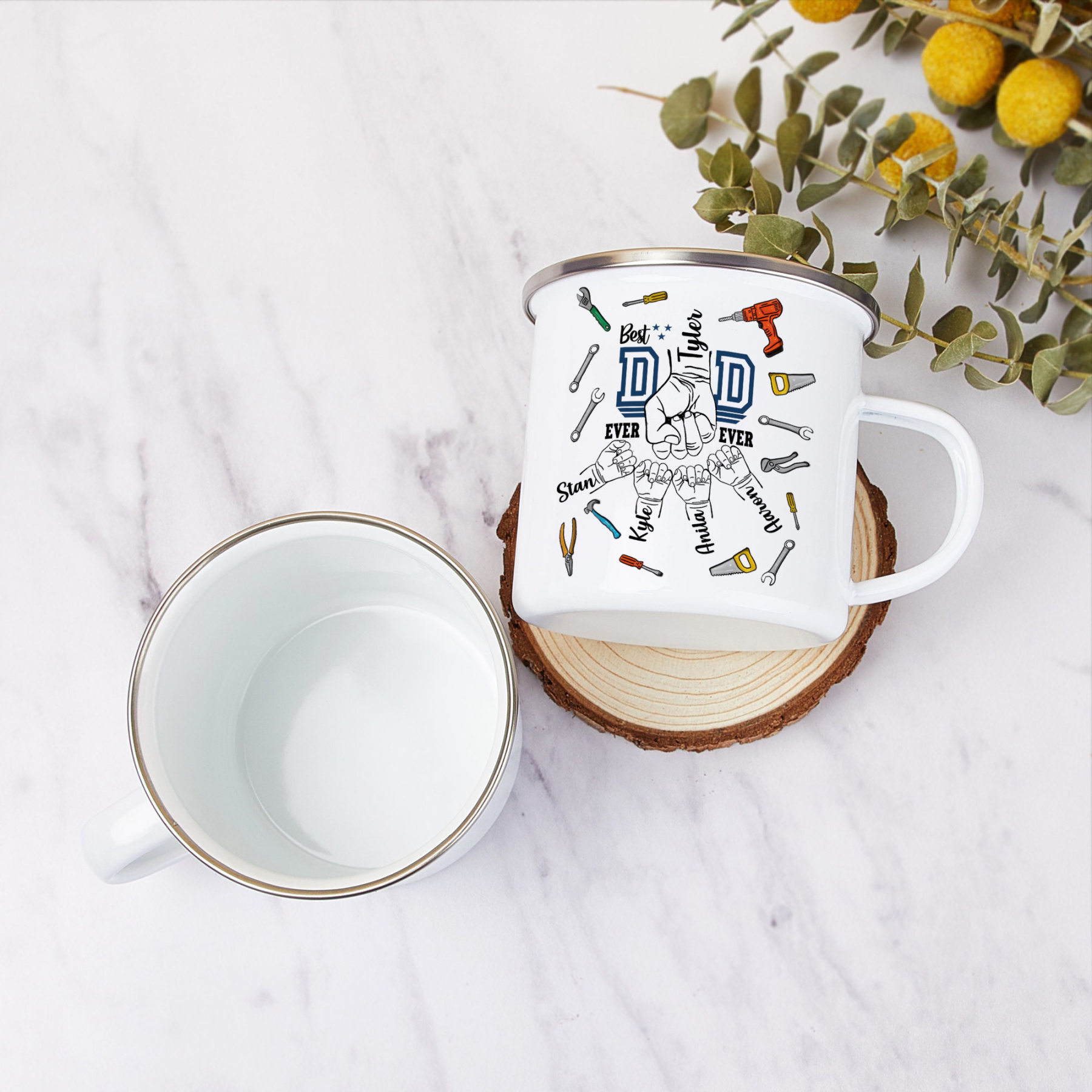 5 Names Personalised Fist Dad Enamel Mug – Custom Father's Day Gift | Jessemade