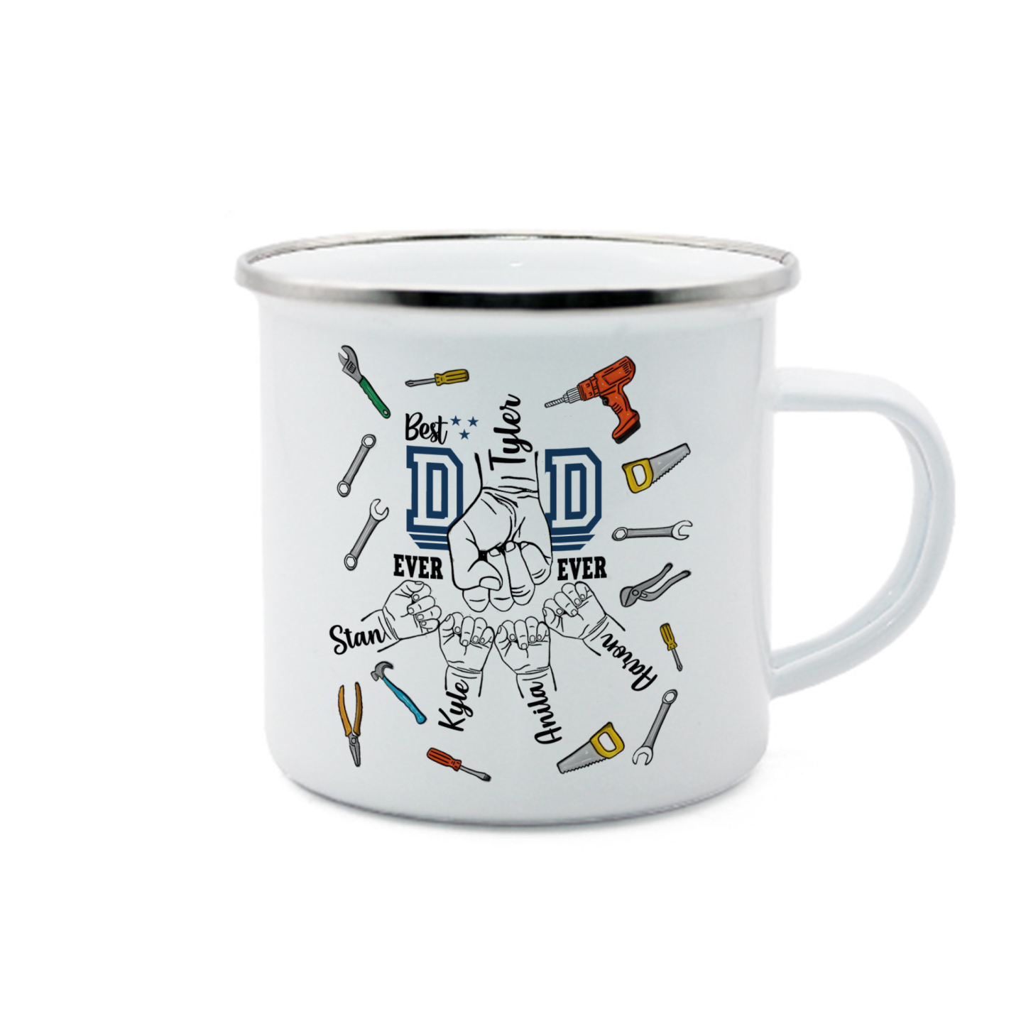 5 Names Personalised Fist Dad Enamel Mug – Custom Father's Day Gift | Jessemade