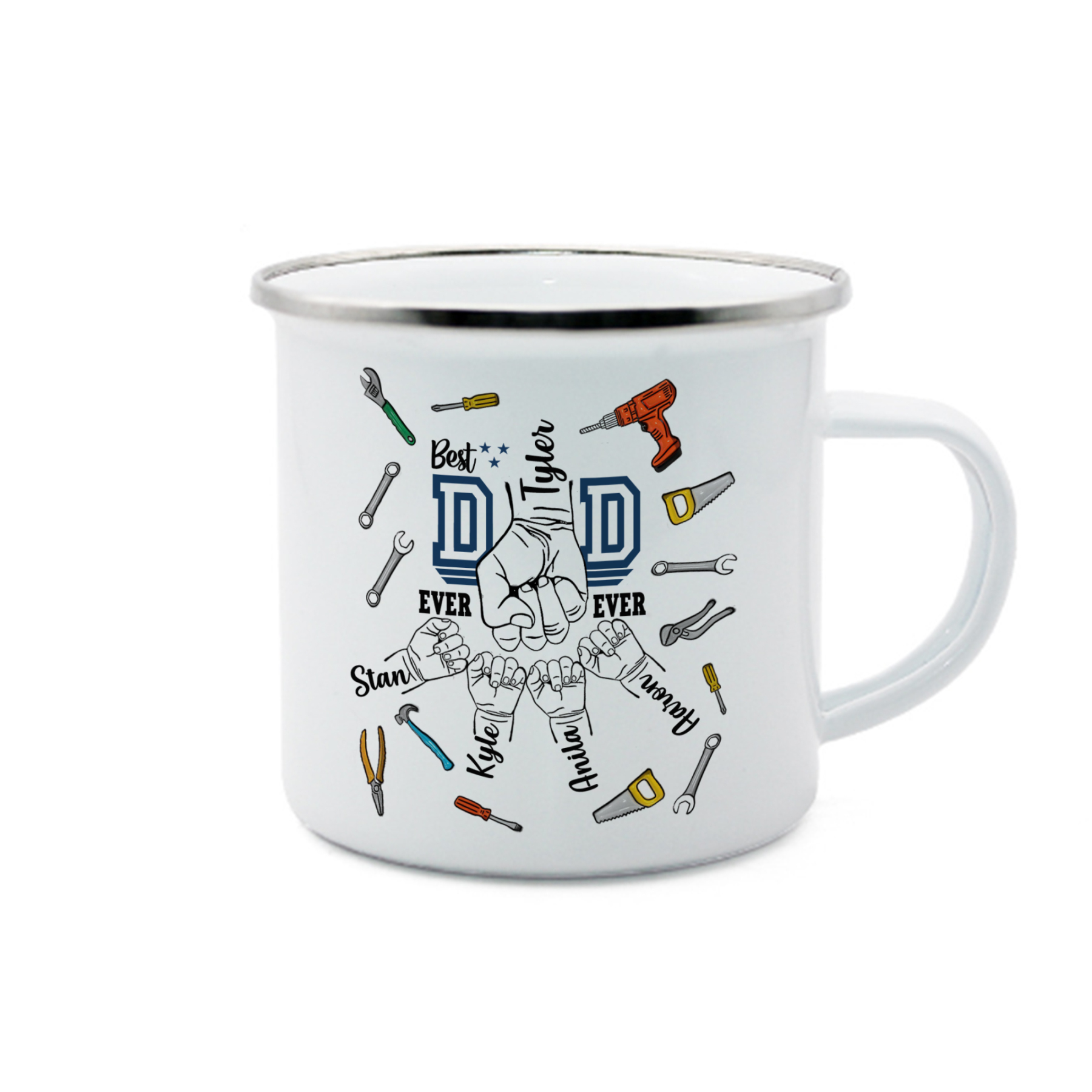 5 Names Personalised Fist Dad Enamel Mug – Custom Father's Day Gift | Jessemade