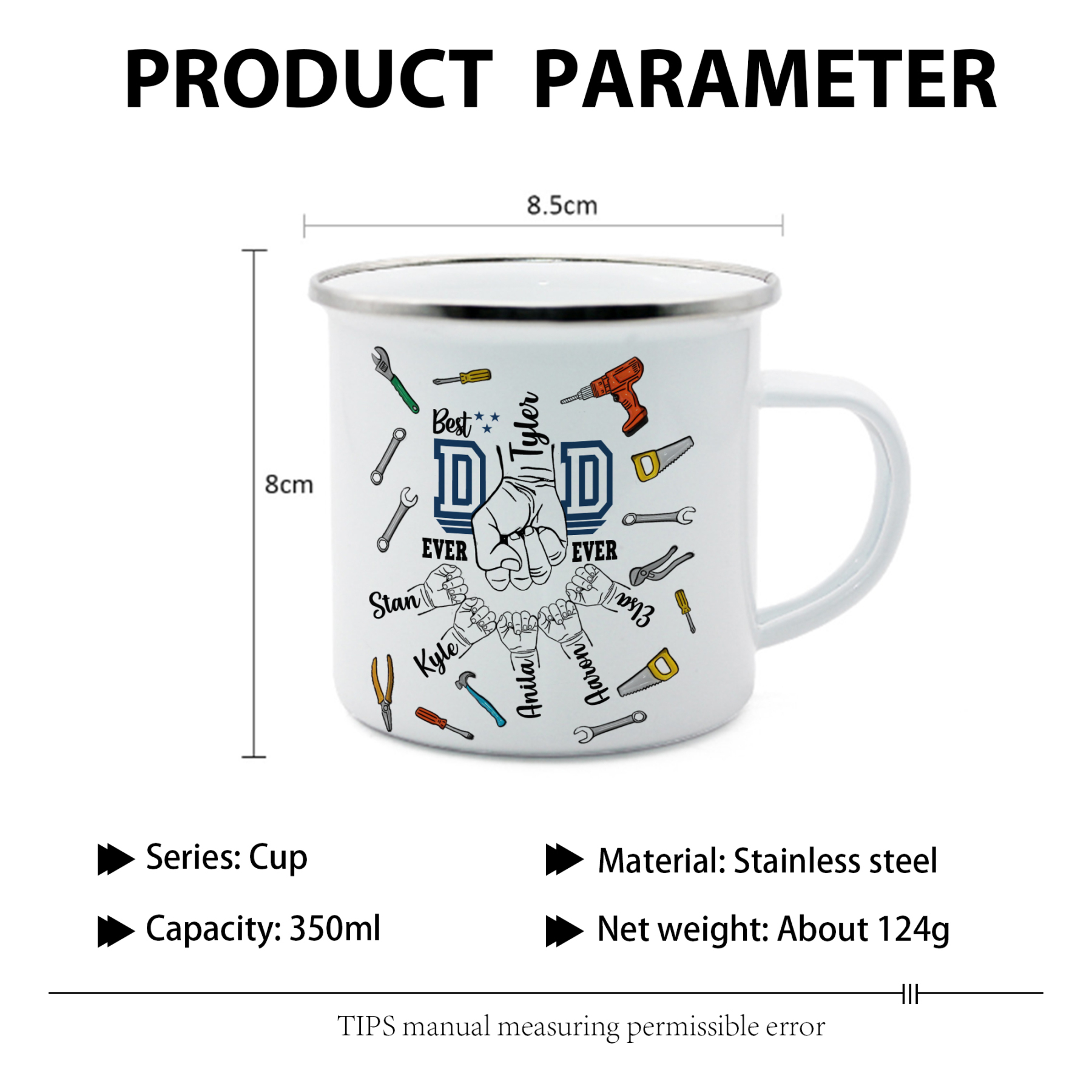 6 Names Personalised Fist Dad Enamel Mug – Custom Father's Day Gift | Jessemade