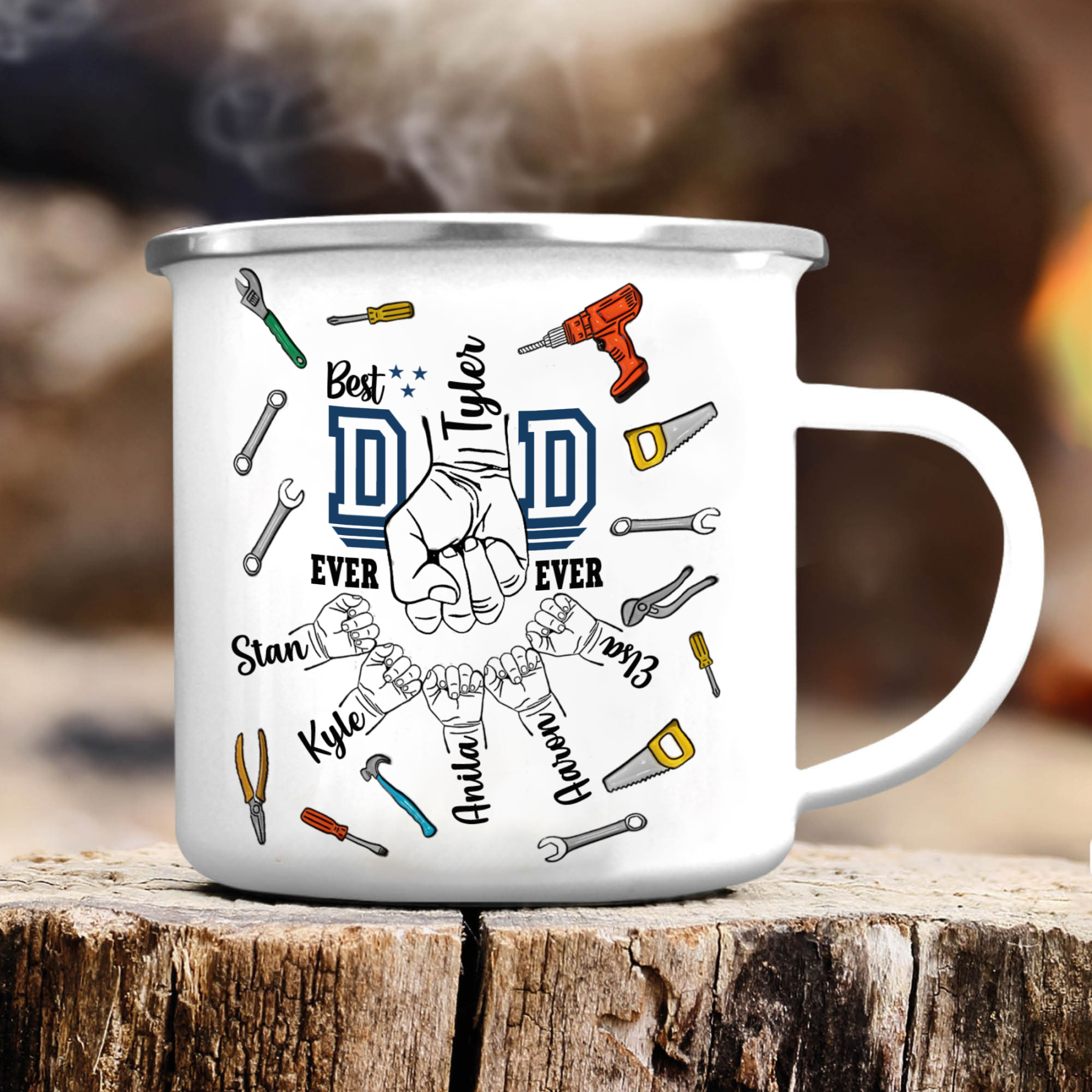 6 Names Personalised Fist Dad Enamel Mug – Custom Father's Day Gift | Jessemade