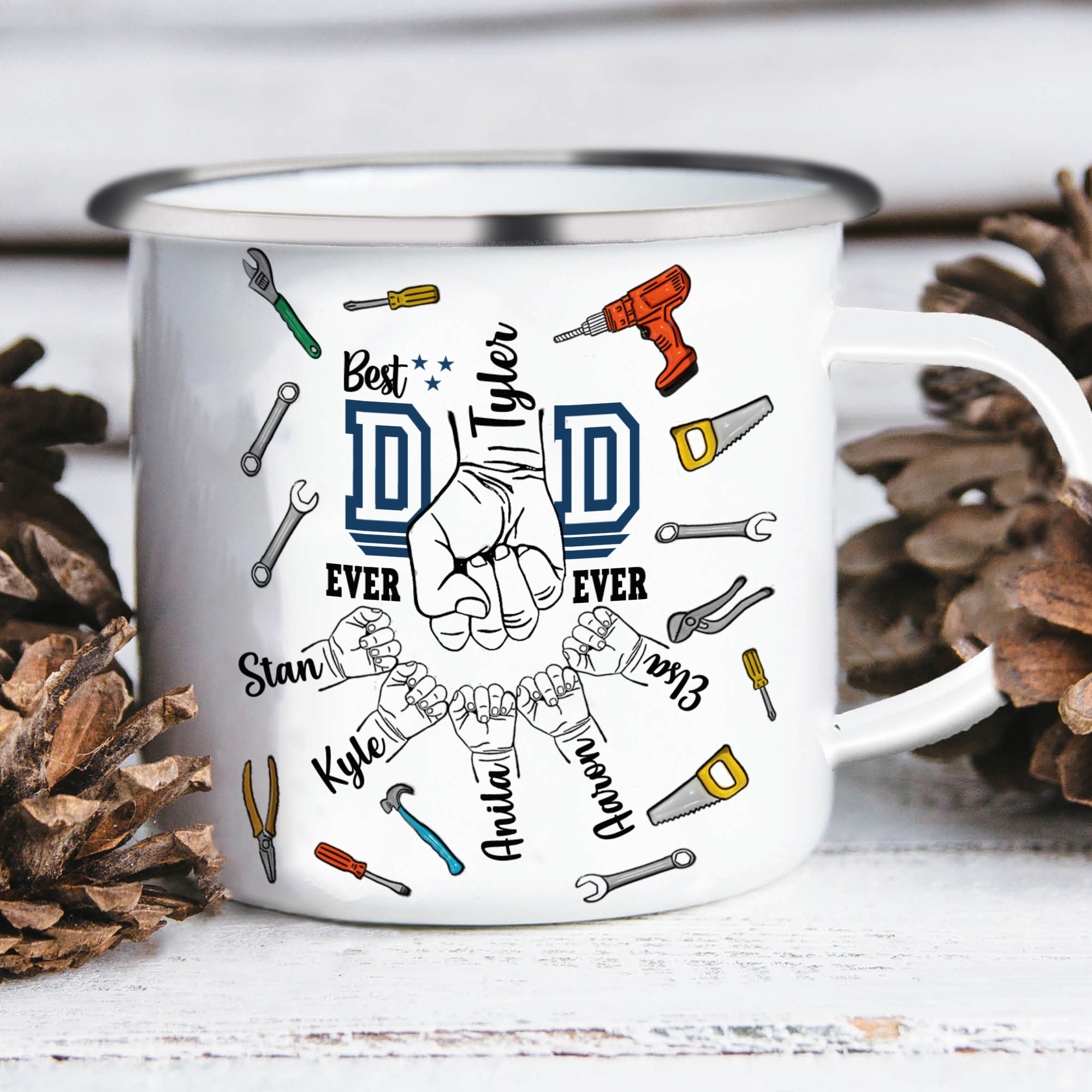 6 Names Personalised Fist Dad Enamel Mug – Custom Father's Day Gift |