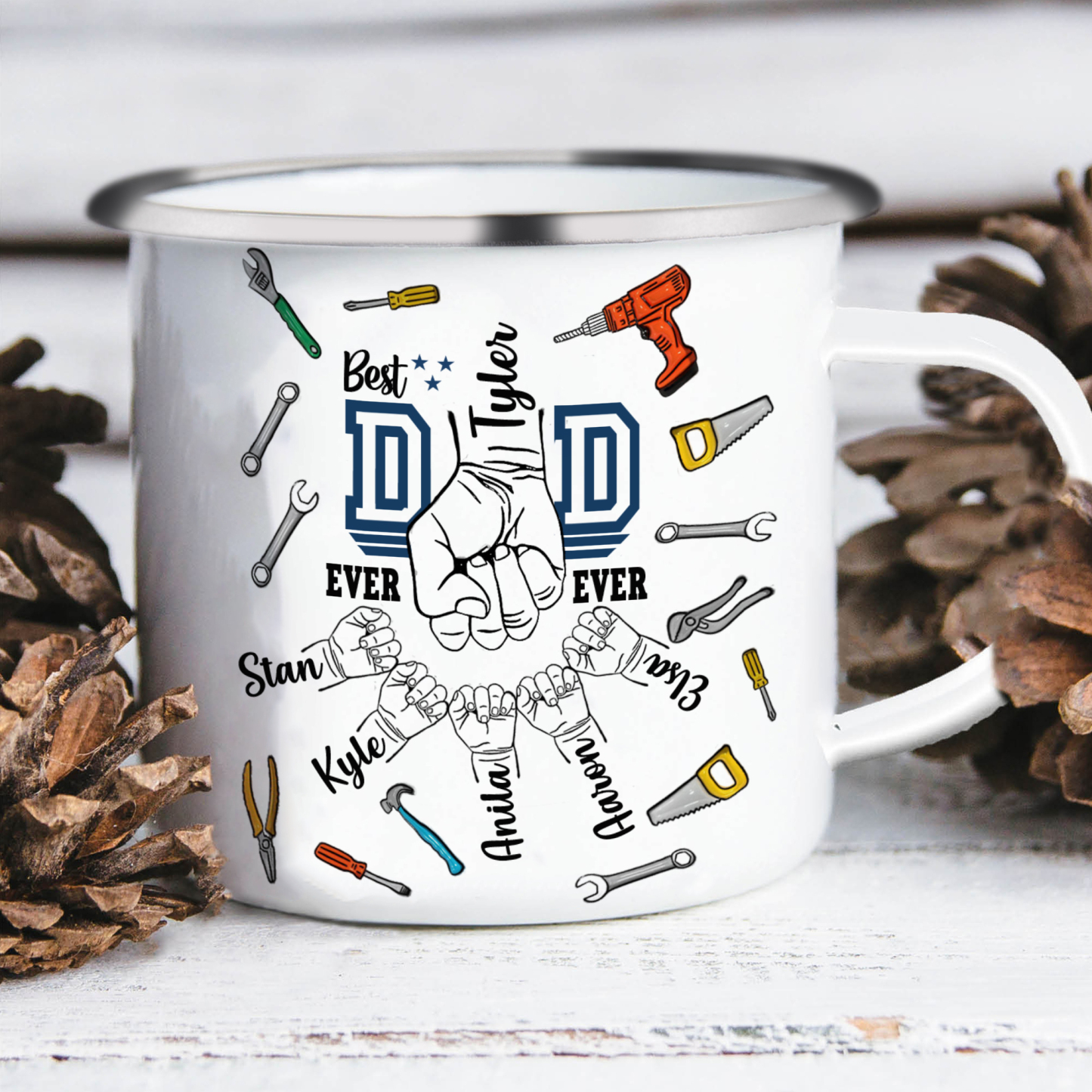 6 Names Personalised Fist Dad Enamel Mug – Custom Father's Day Gift |