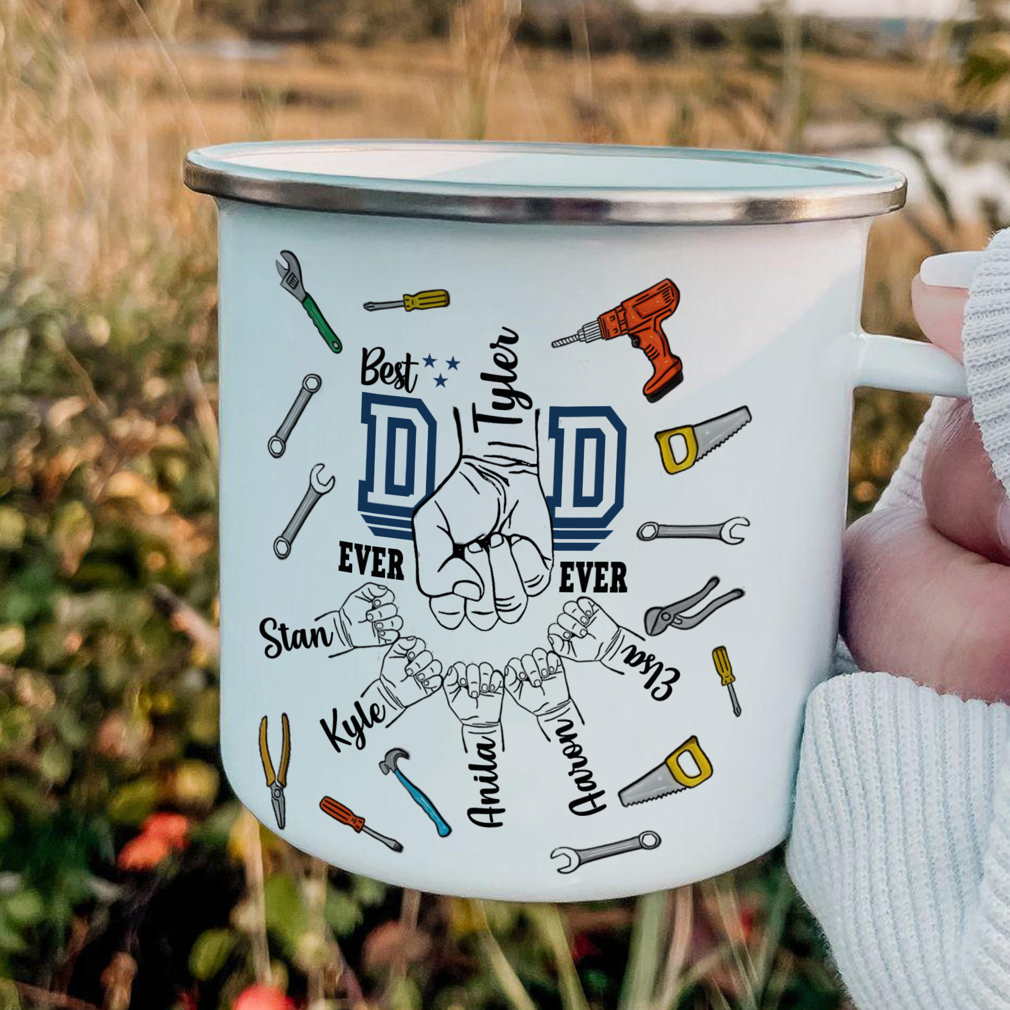 6 Names Personalised Fist Dad Enamel Mug – Custom Father's Day Gift | Jessemade