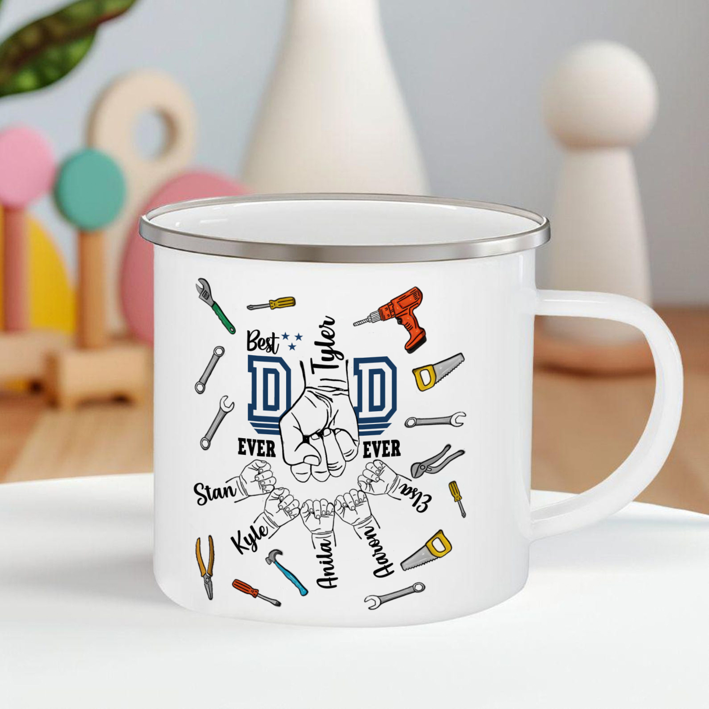 6 Names Personalised Fist Dad Enamel Mug – Custom Father's Day Gift | Jessemade