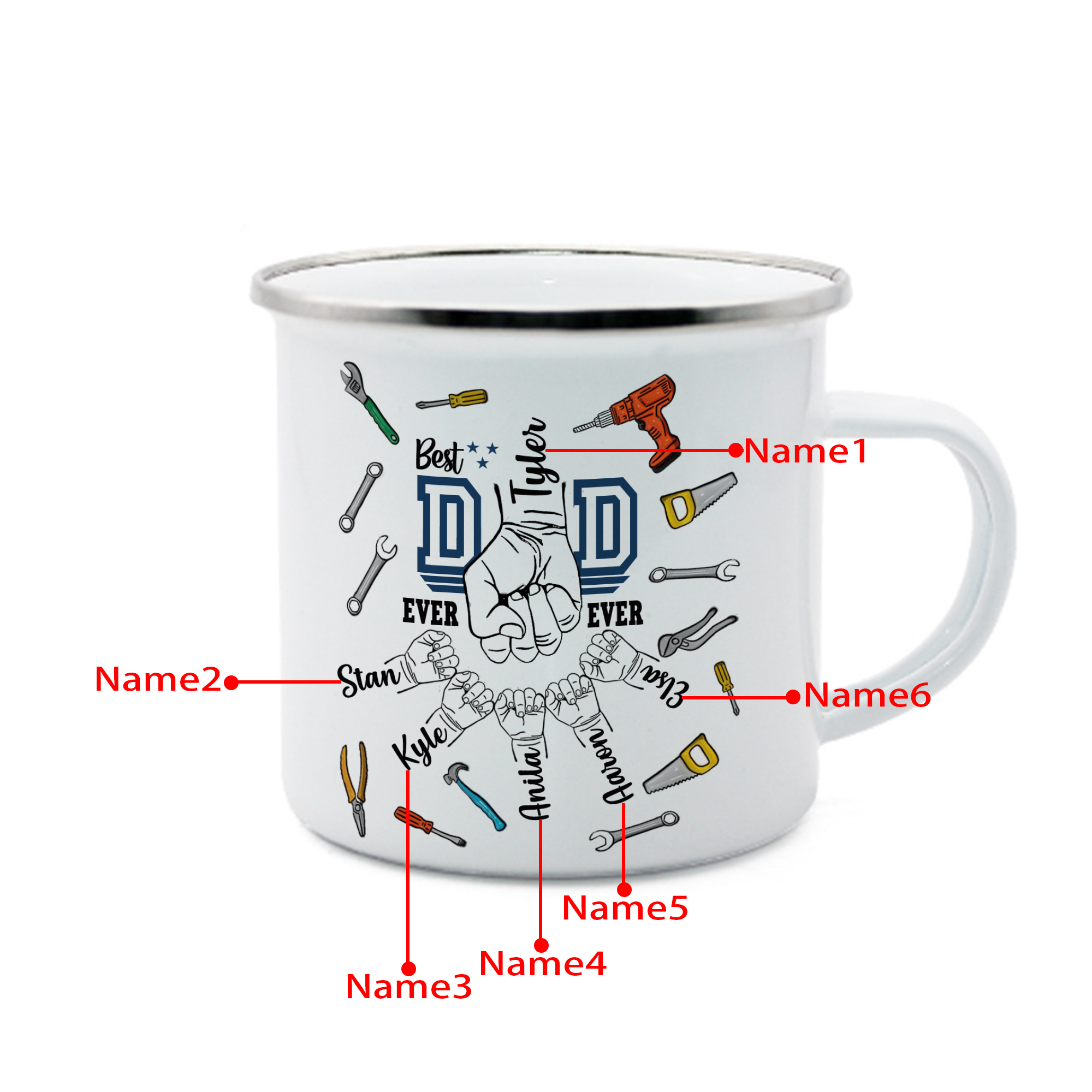 6 Names Personalised Fist Dad Enamel Mug – Custom Father's Day Gift | Jessemade