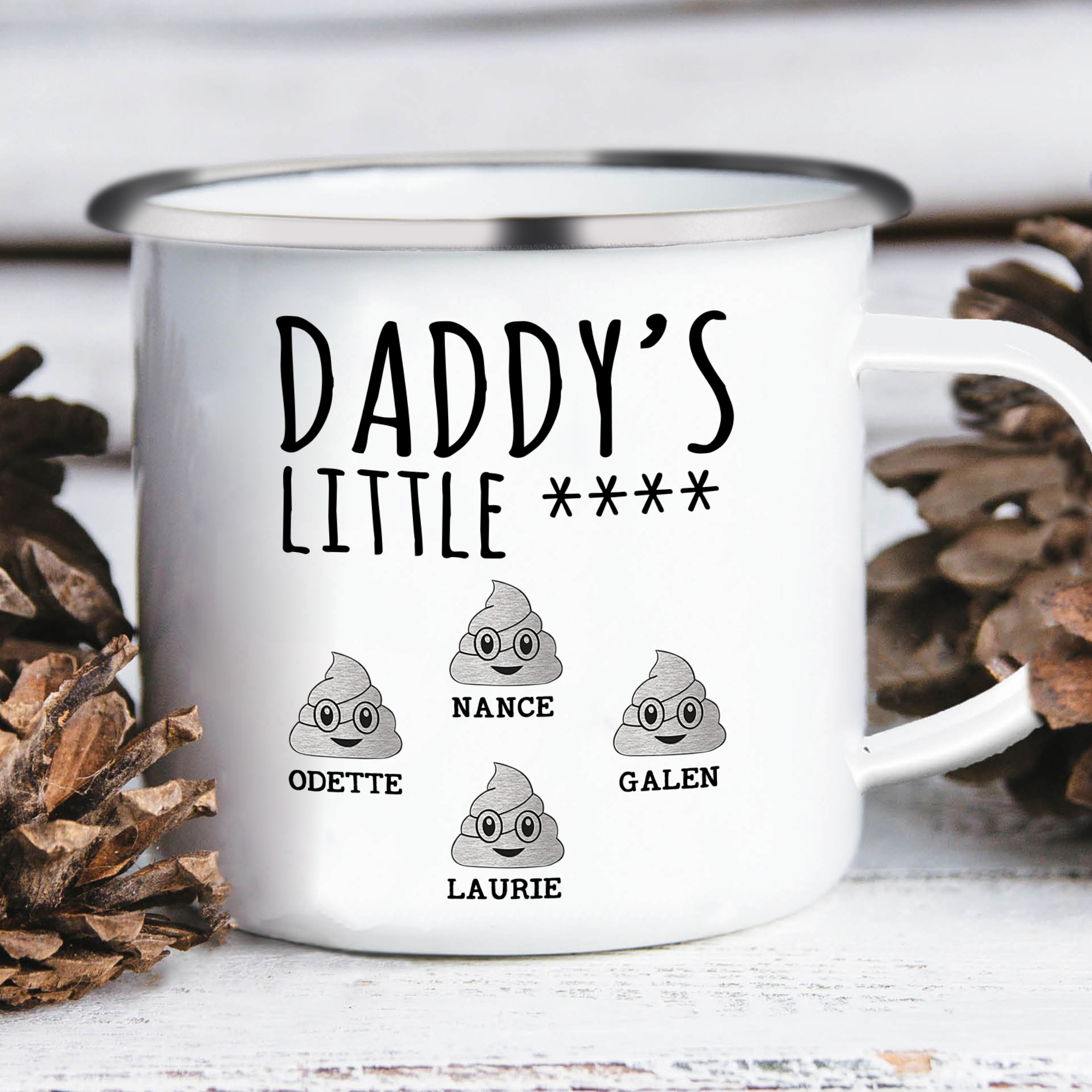 4 Names Personalised Funny Dad Enamel Mug – Custom Father's Day Gift |