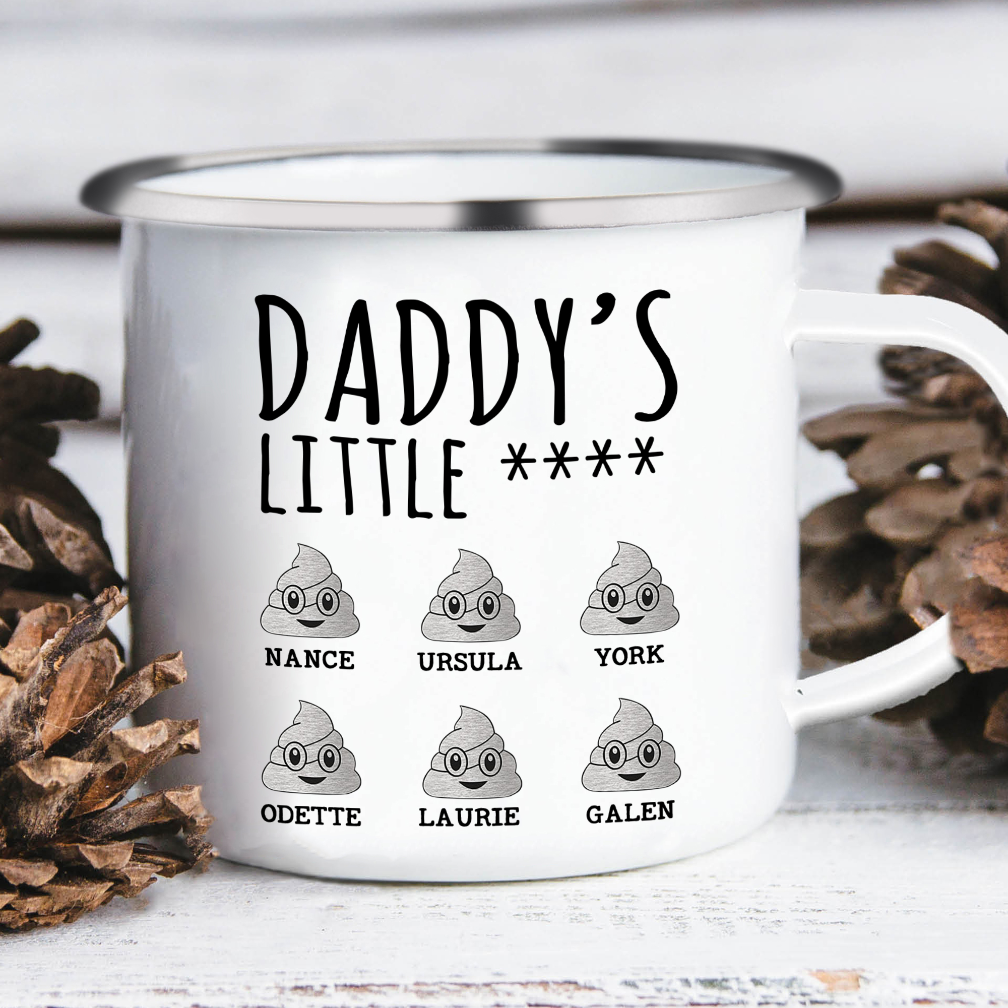 6 Names Personalised Funny Dad Enamel Mug – Custom Father's Day Gift | Jessemade