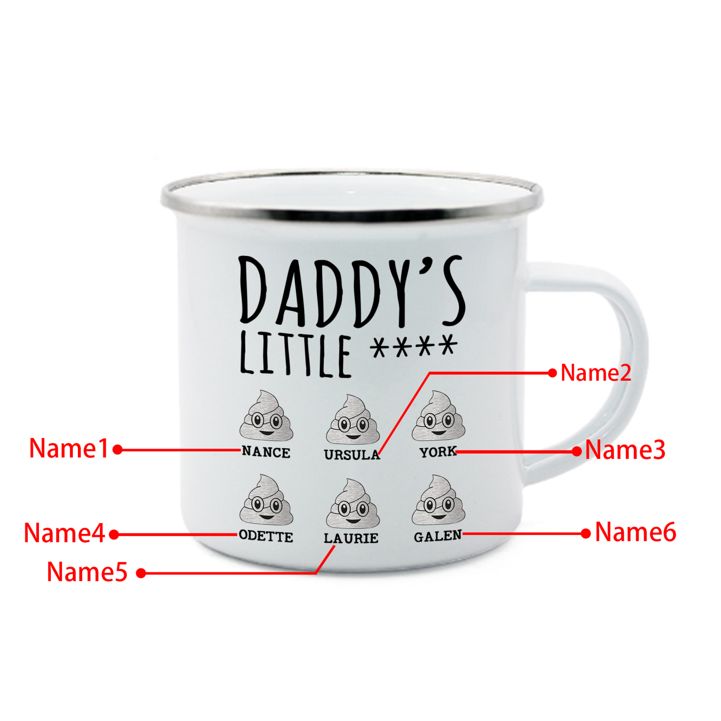 6 Names Personalised Funny Dad Enamel Mug – Custom Father's Day Gift | Jessemade